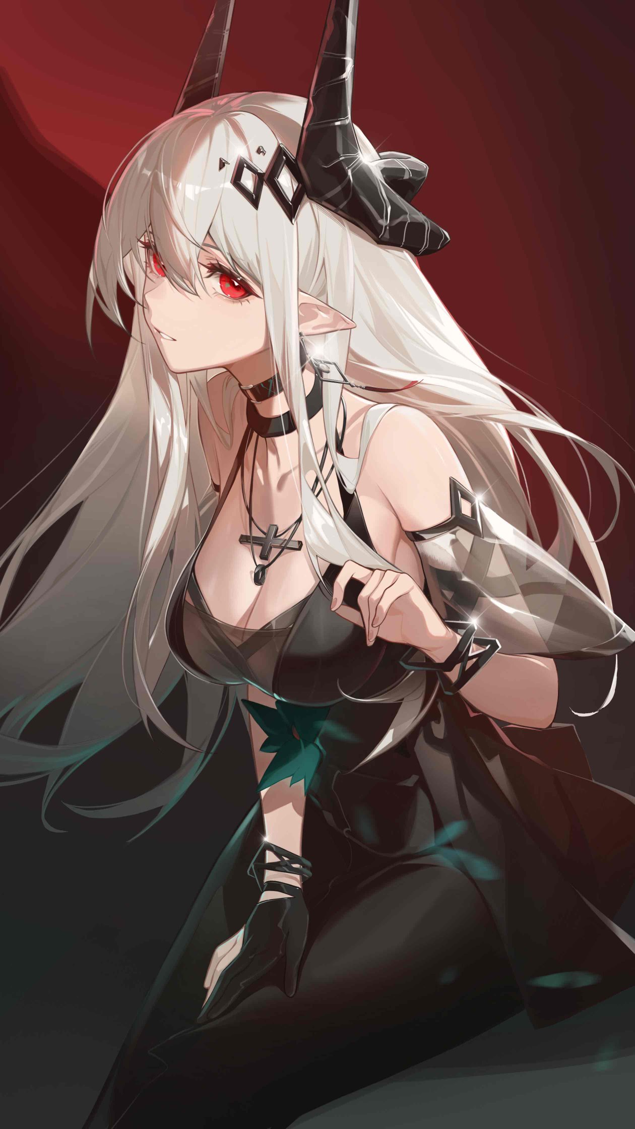Anime 1260x2240 Arknights Mudrock (Arknights) armlet bangs black dress cleavage detached sleeves earring soft gradient  horns jewelry big boobs looking at viewer necklace red eyes smiling Xianyu Liang anime girls choker