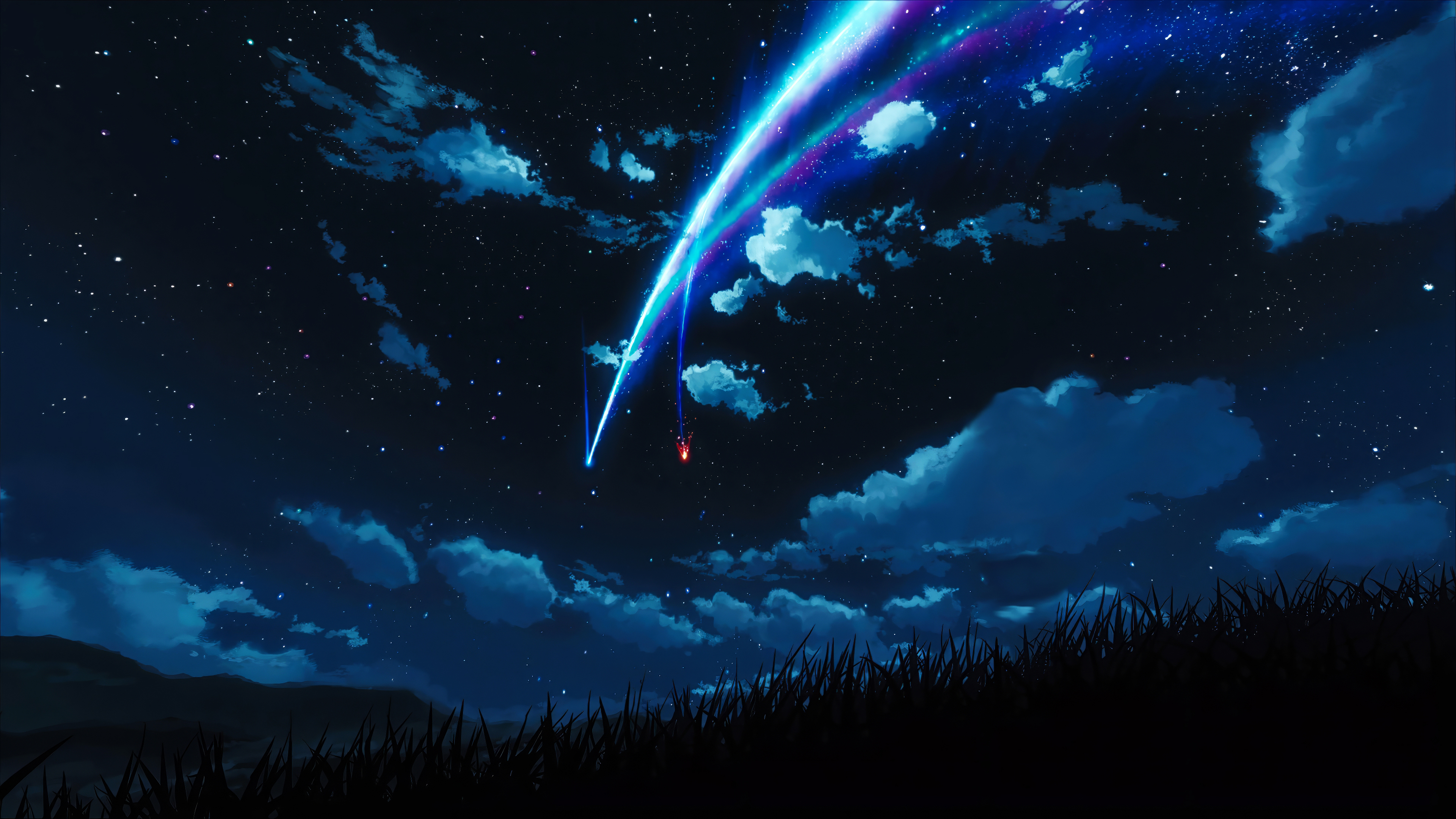 Anime 3840x2160 drawn night clouds stars grass silhouette blue Kimi no Na Wa comet