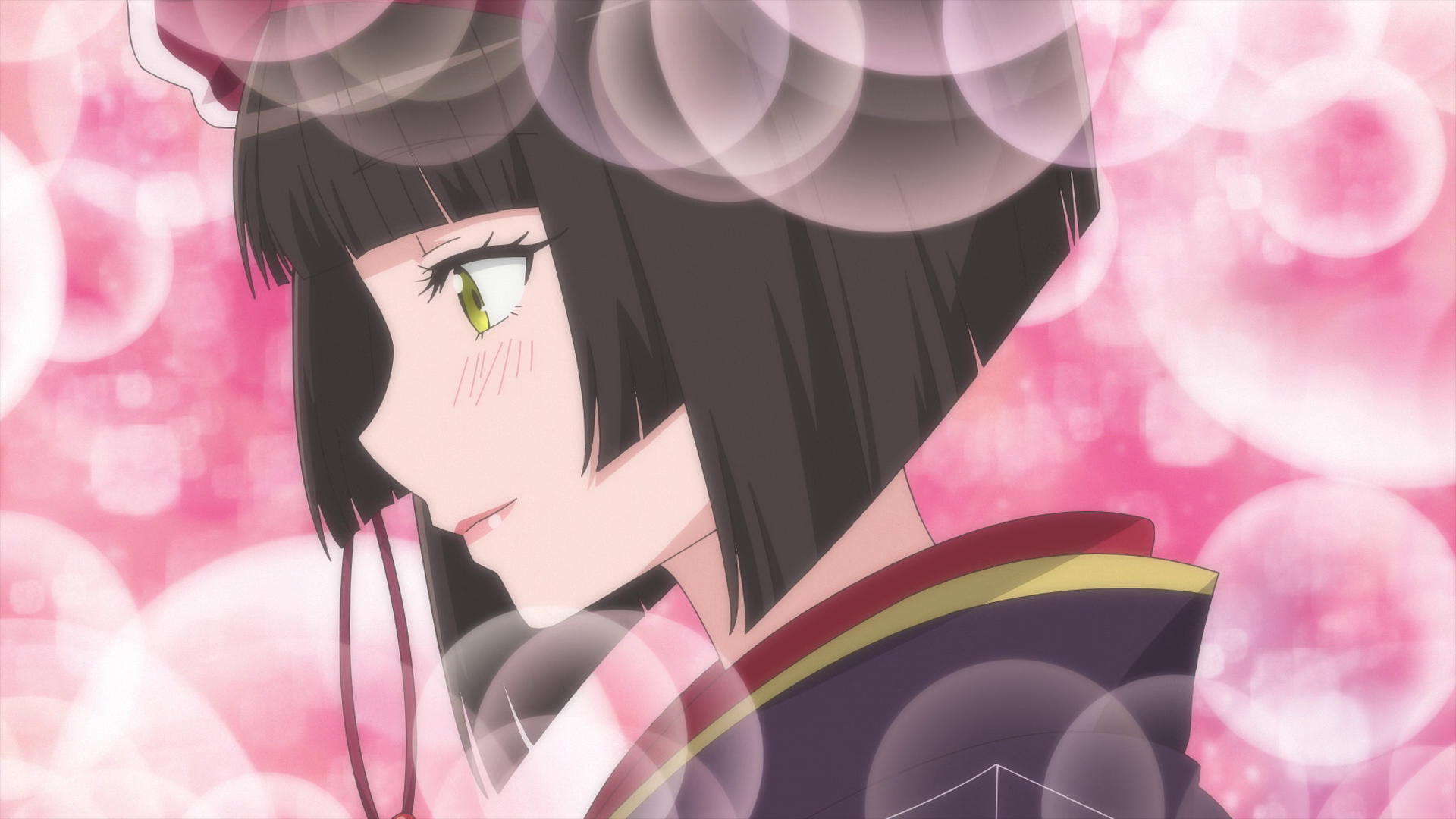 Anime 1920x1080 Tsukimichi: Moonlit Fantasy Mio (Tsukimichi: Moonlit Fantasy) green eyes dark hair smiling blushing kimono collar Anime screenshot anime girls profile