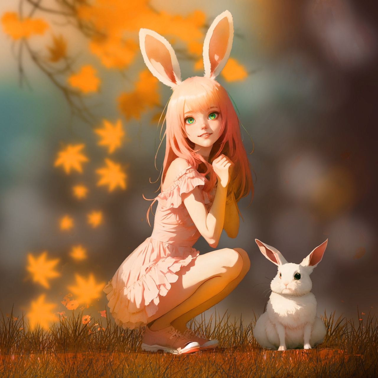 Anime 1280x1280 anime girls squatting bunny ears rabbits leaves looking at viewer skirt smiling AI art
