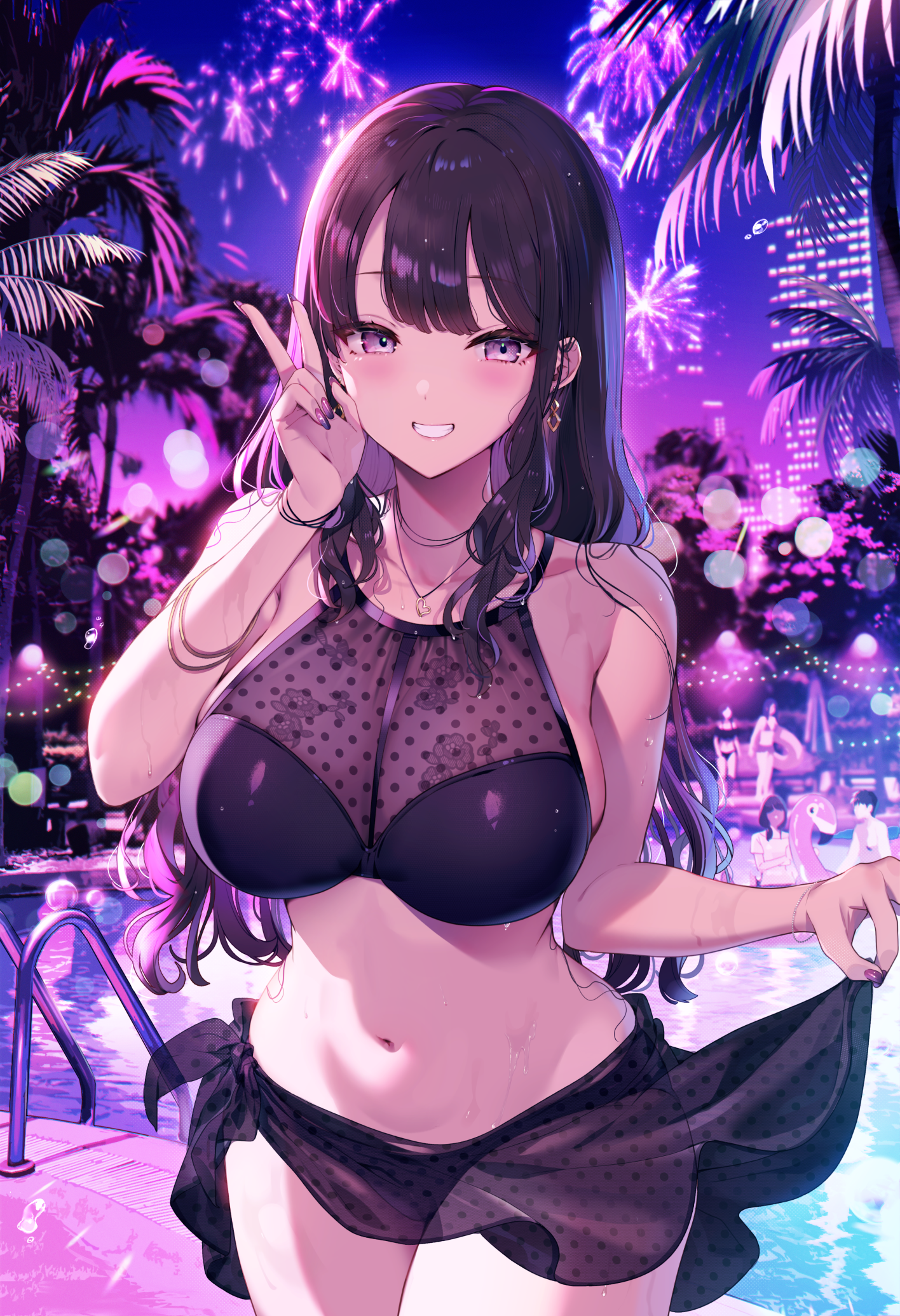 Anime 1416x2072 Cut (artist) portrait display anime girls black hair purple eyes swimwear bikini black swimsuit lifting clothes big boobs cleavage swimming pool pool party fireworks long hair city lights blushing building palm trees smiling wet body peace sign belly button bare midriff looking at viewer jewelry sky night necklace bracelets women outdoors black bikinis sidelocks earring flamingo floater