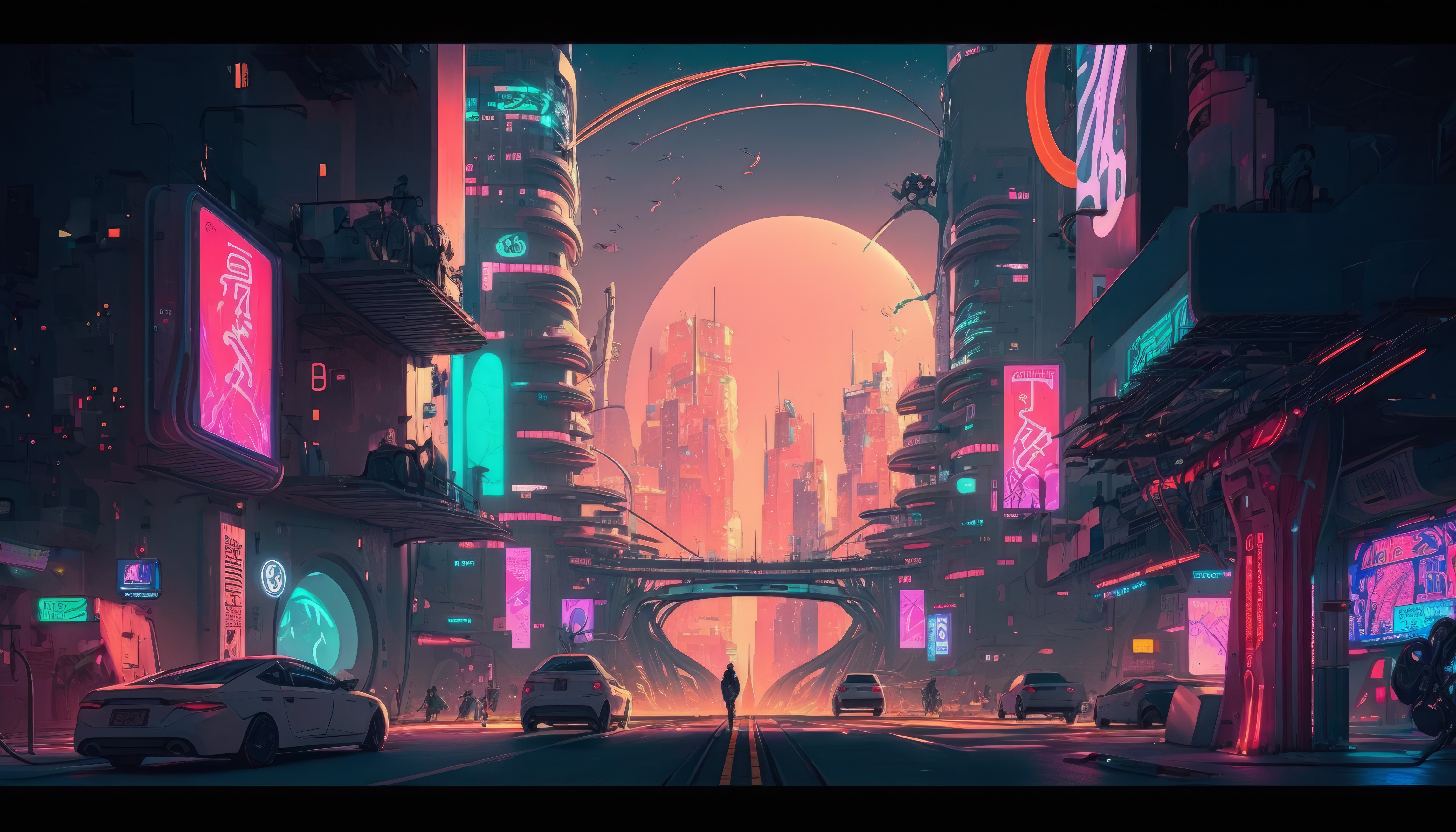 AI art, city, sunset, illustration, street, futuristic, car, neon, city ...