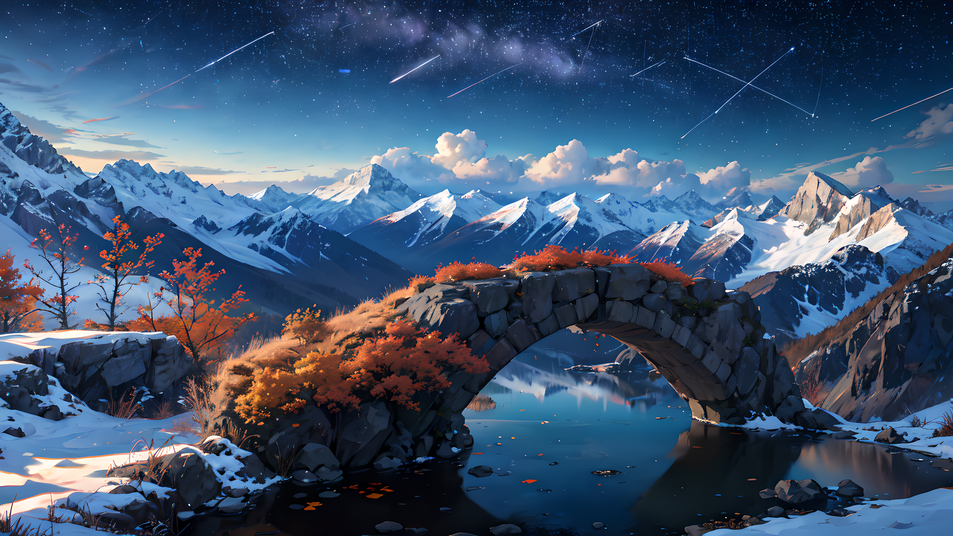 General 3840x2160 AI art snowy peak water arch bridge snow covered mountains maple leaves nature snow reflection stars starry night sky