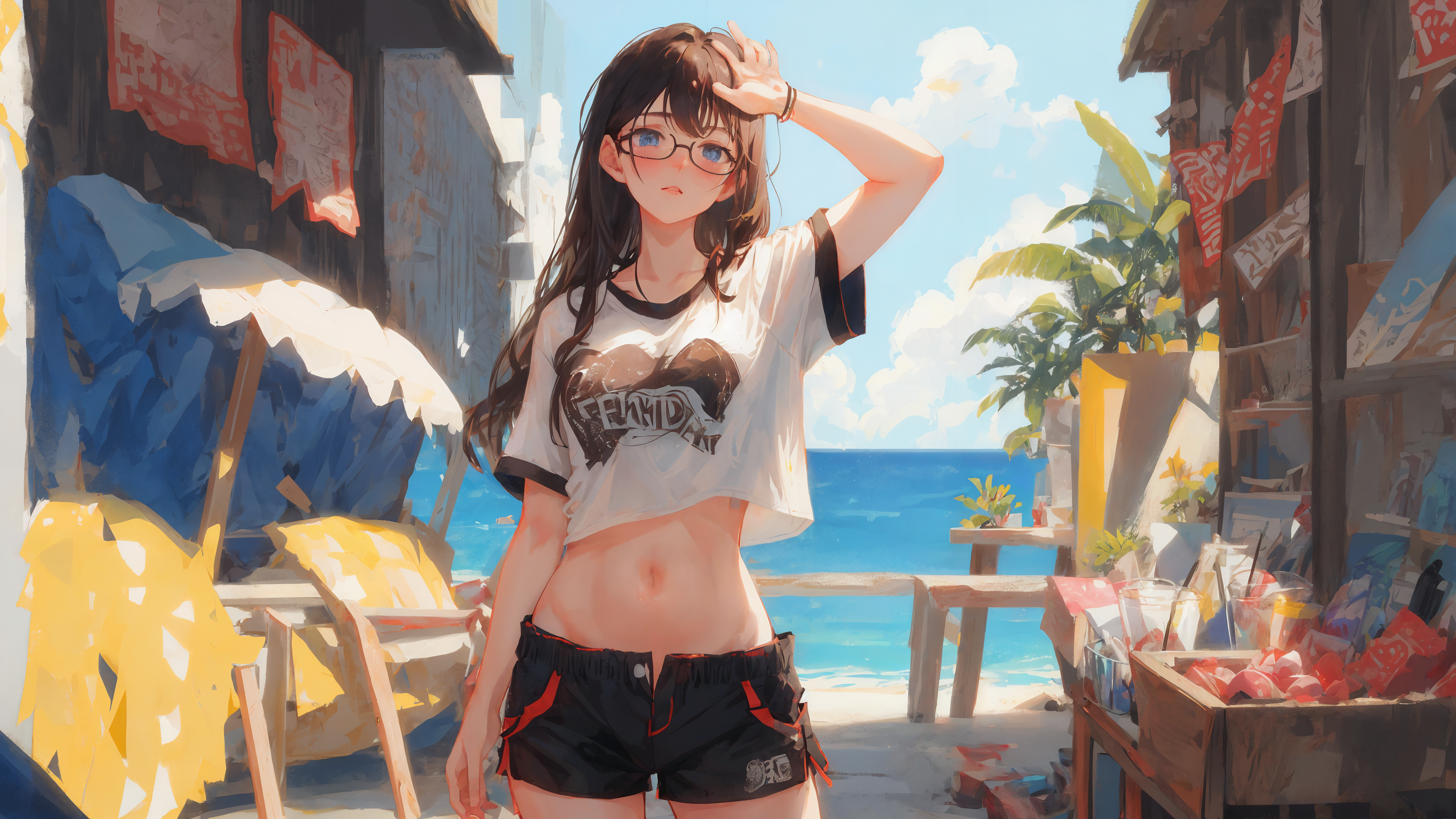 Anime 3840x2160 anime anime girls glasses AI art belly belly button blushing looking at viewer short shorts water clouds