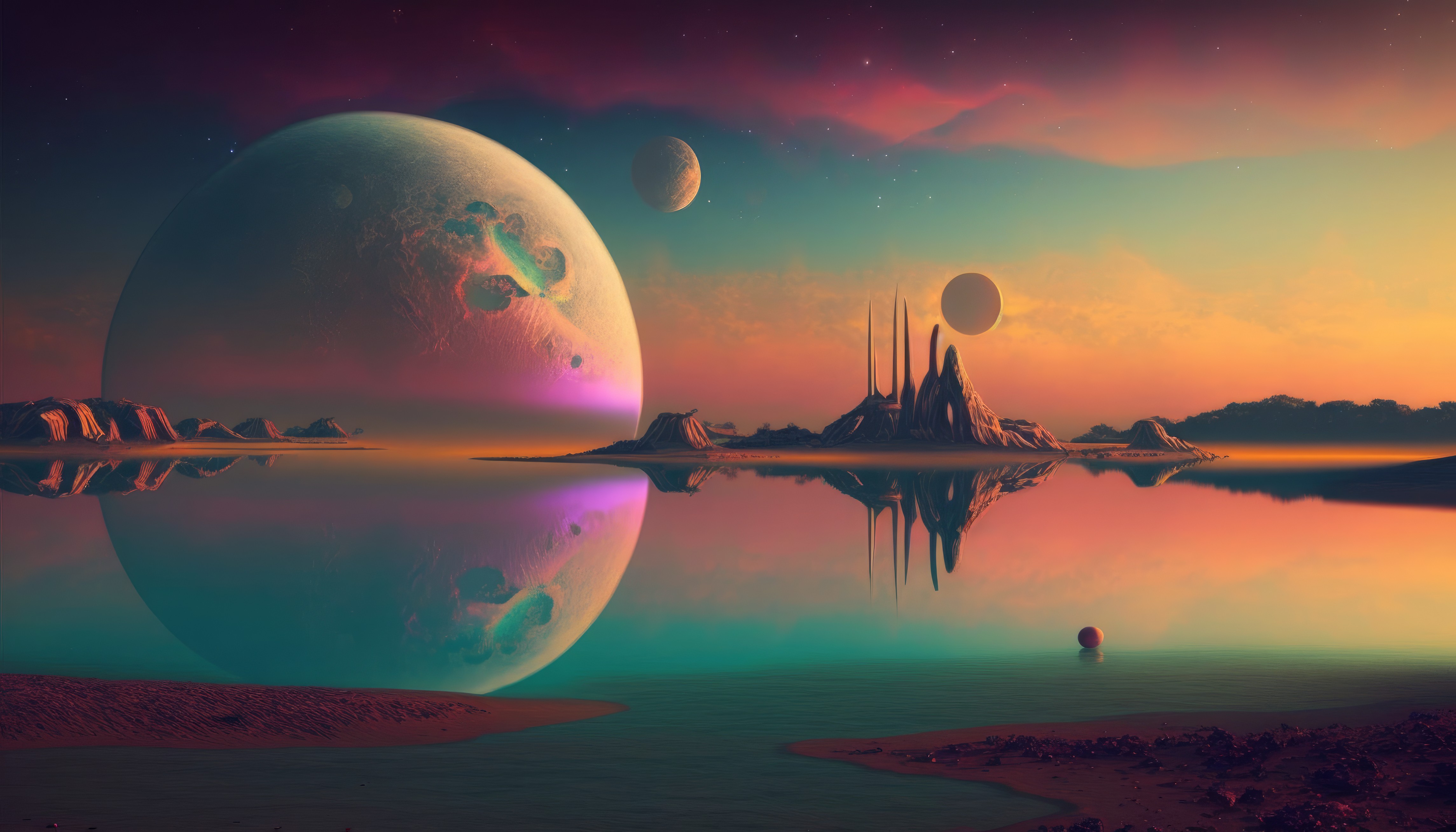 Ai Art Illustration Science Fiction Planet Reflection Water Wallpaper