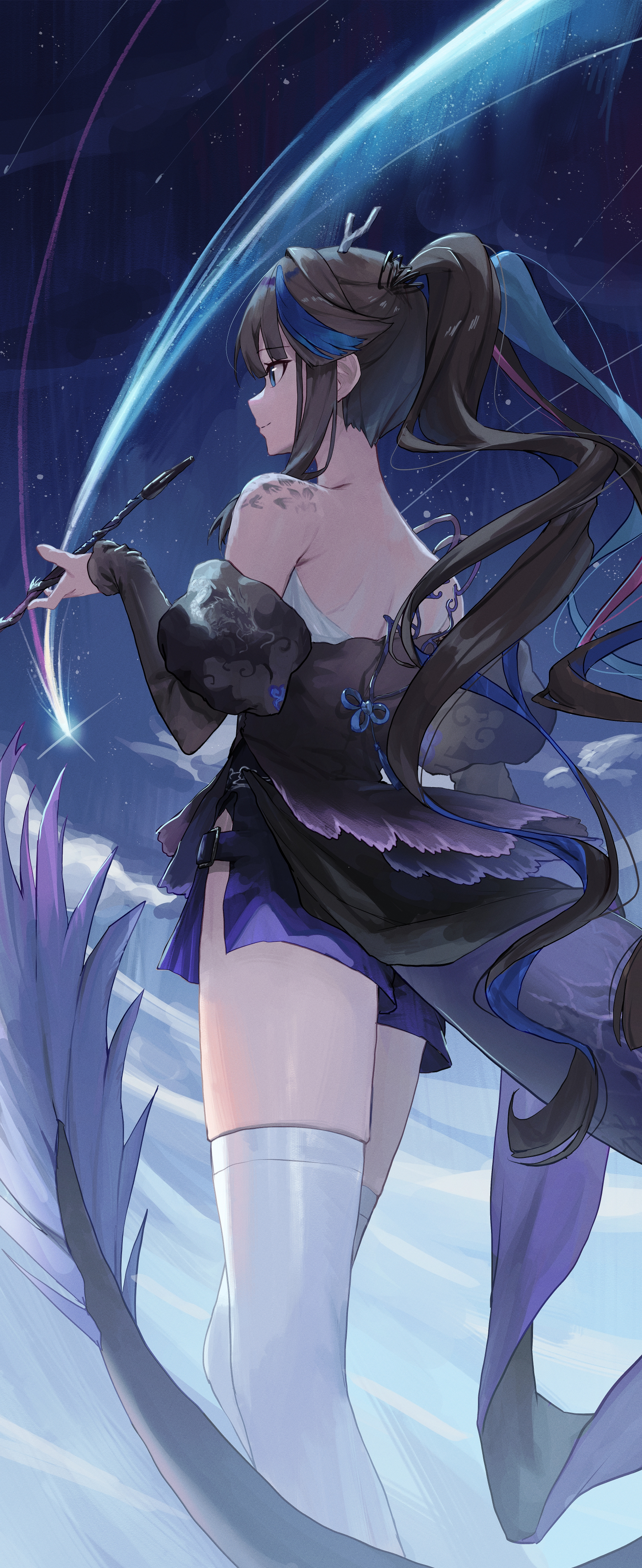 Anime 1620x3954 anime anime girls portrait display ponytail long hair stockings tail comet smiling two tone hair stars starry night starred sky sky