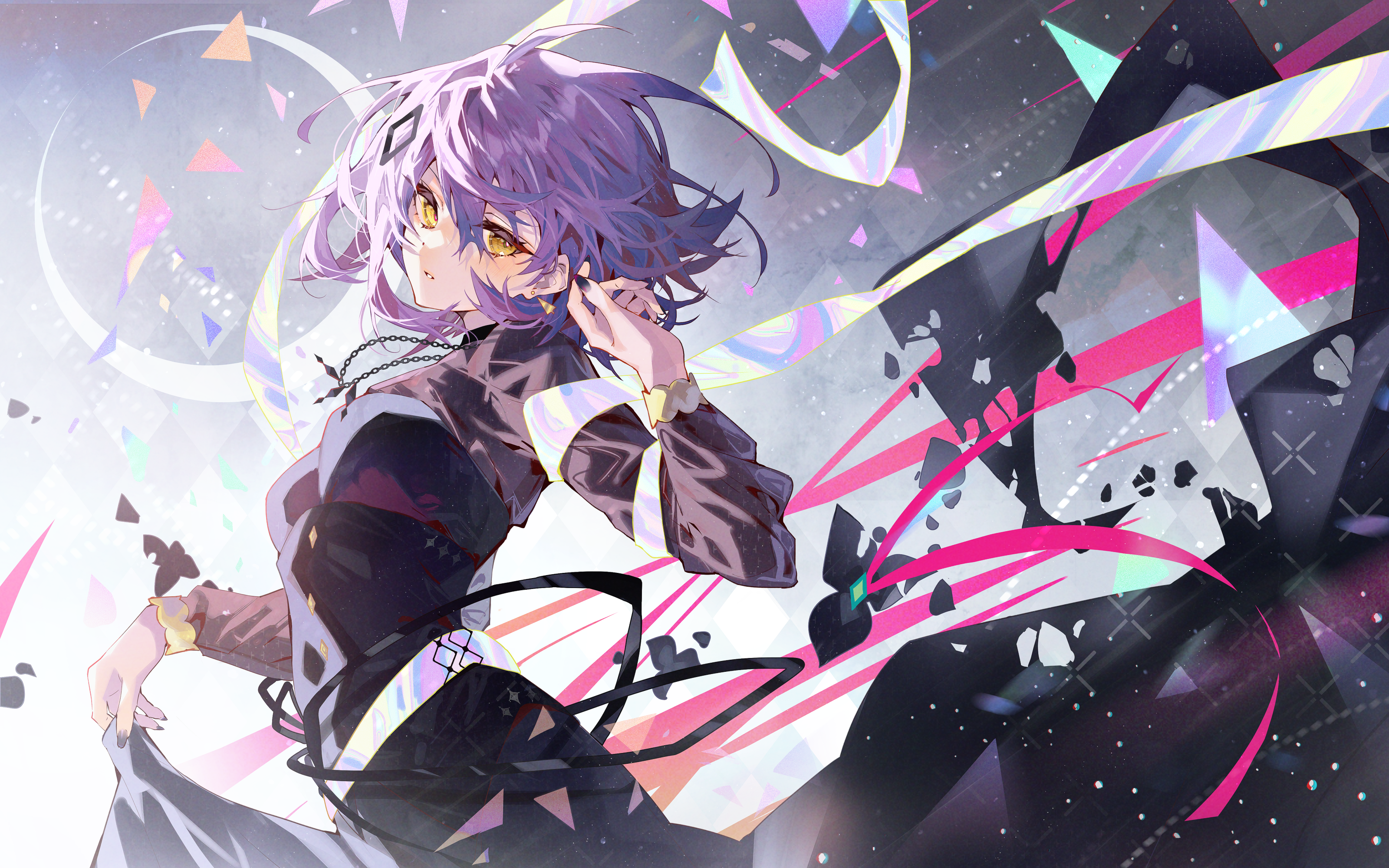 Anime 3200x2000 anime girls purple hair yellow eyes short hair necklace lifting dress looking at viewer