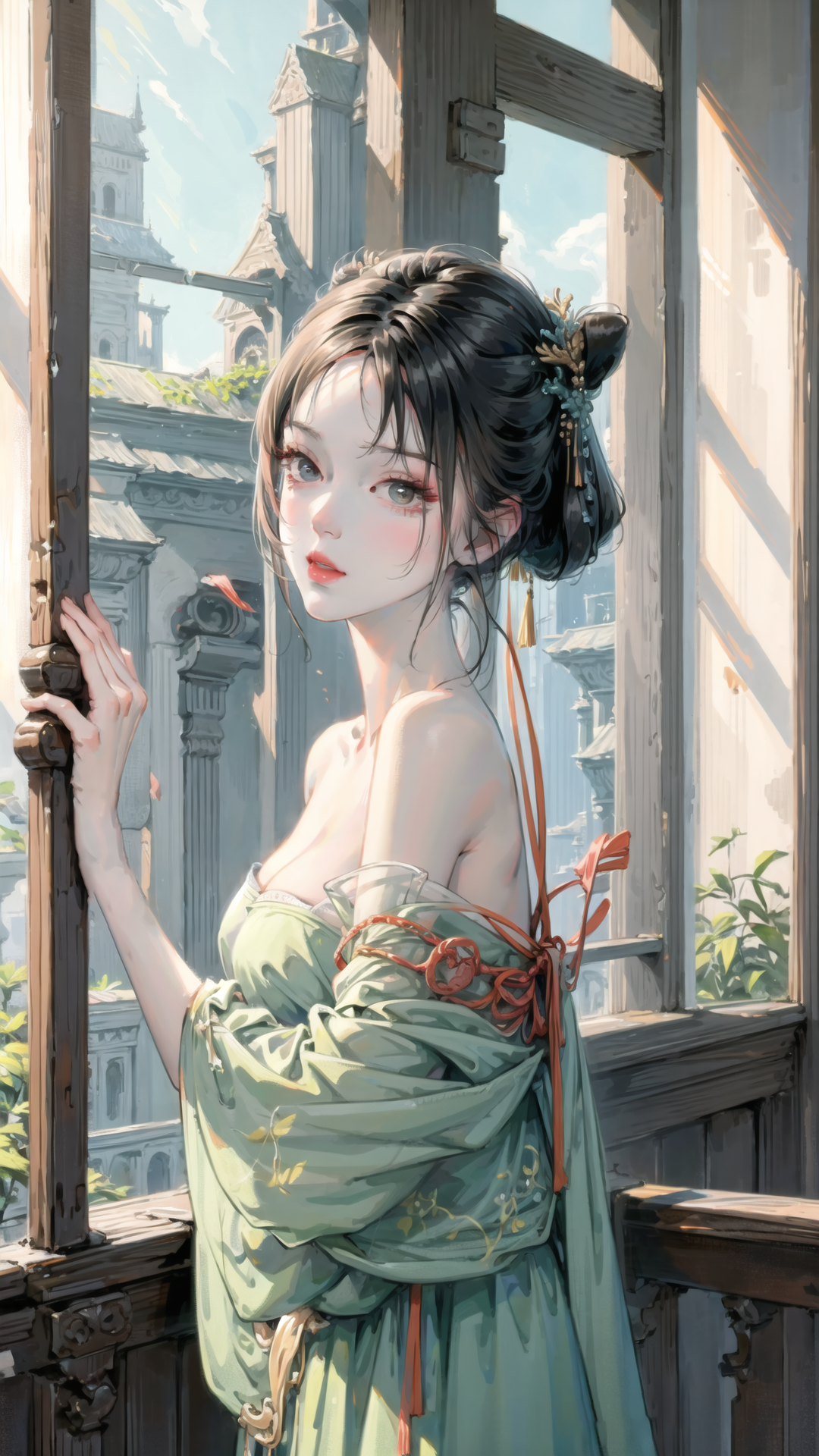 General 1080x1920 portrait illustration fantasy girl portrait display bare shoulders dress looking at viewer AI art cleavage