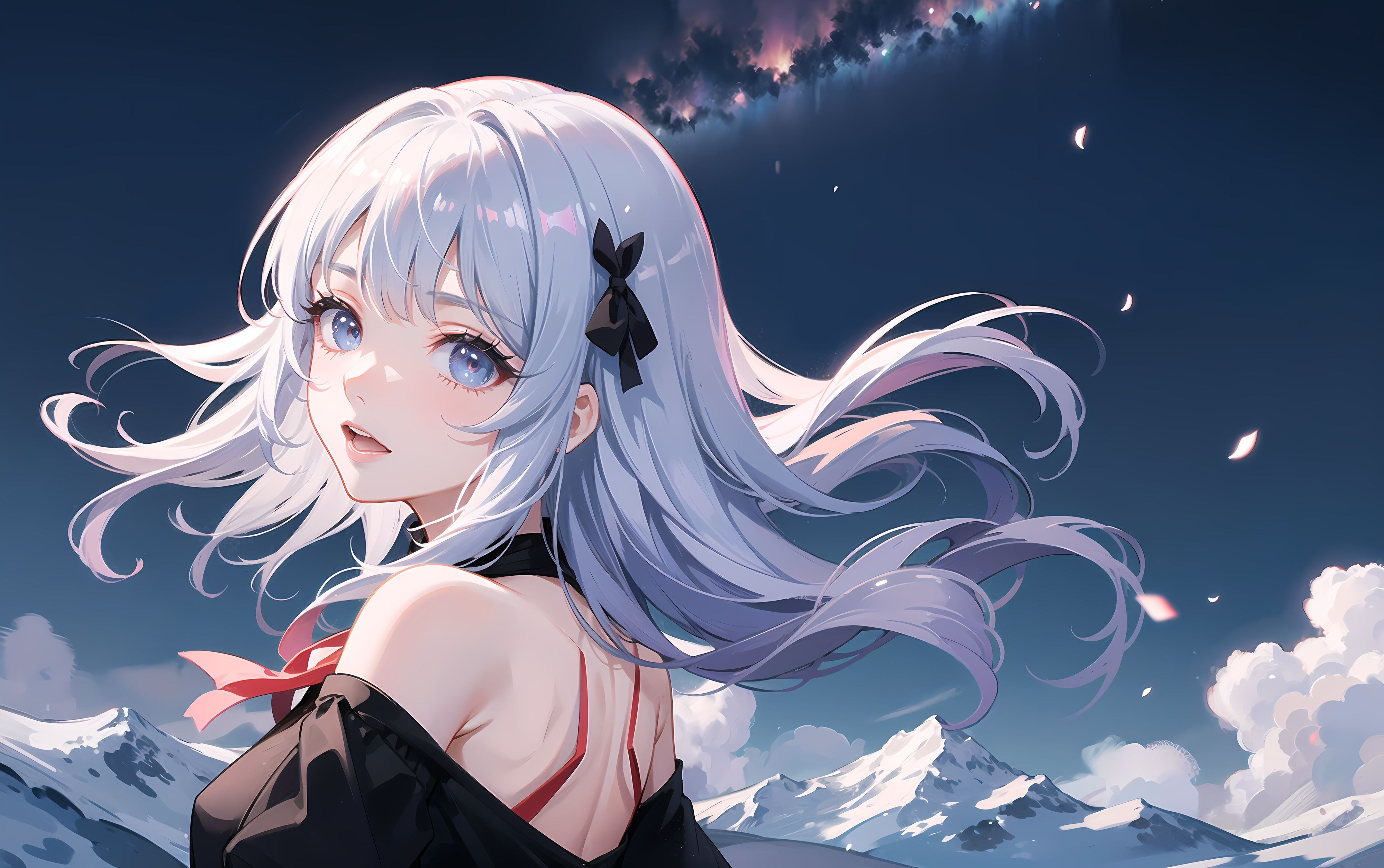 Anime 4000x2509 AI art looking at viewer silver hair anime girls clouds snow mountains petals