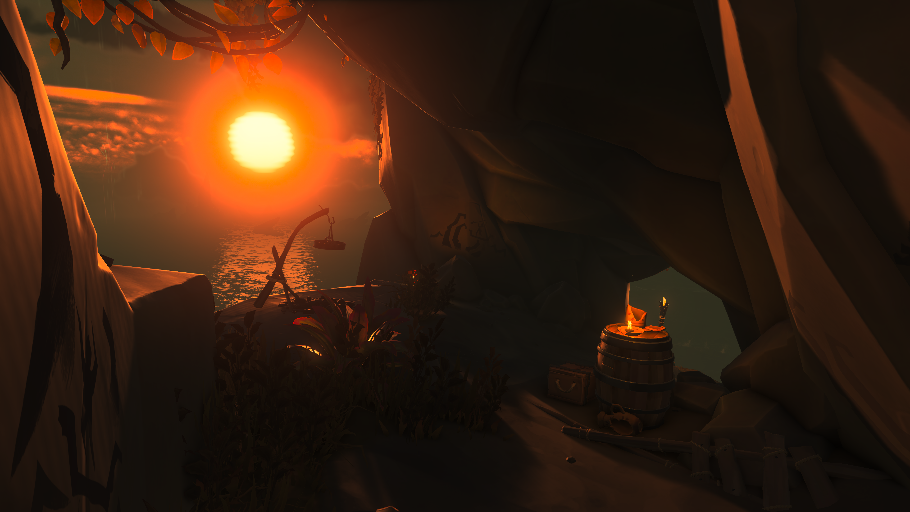 General 3840x2160 Sea of Thieves sea pirates video games video game art Sun sunset glow water CGI leaves
