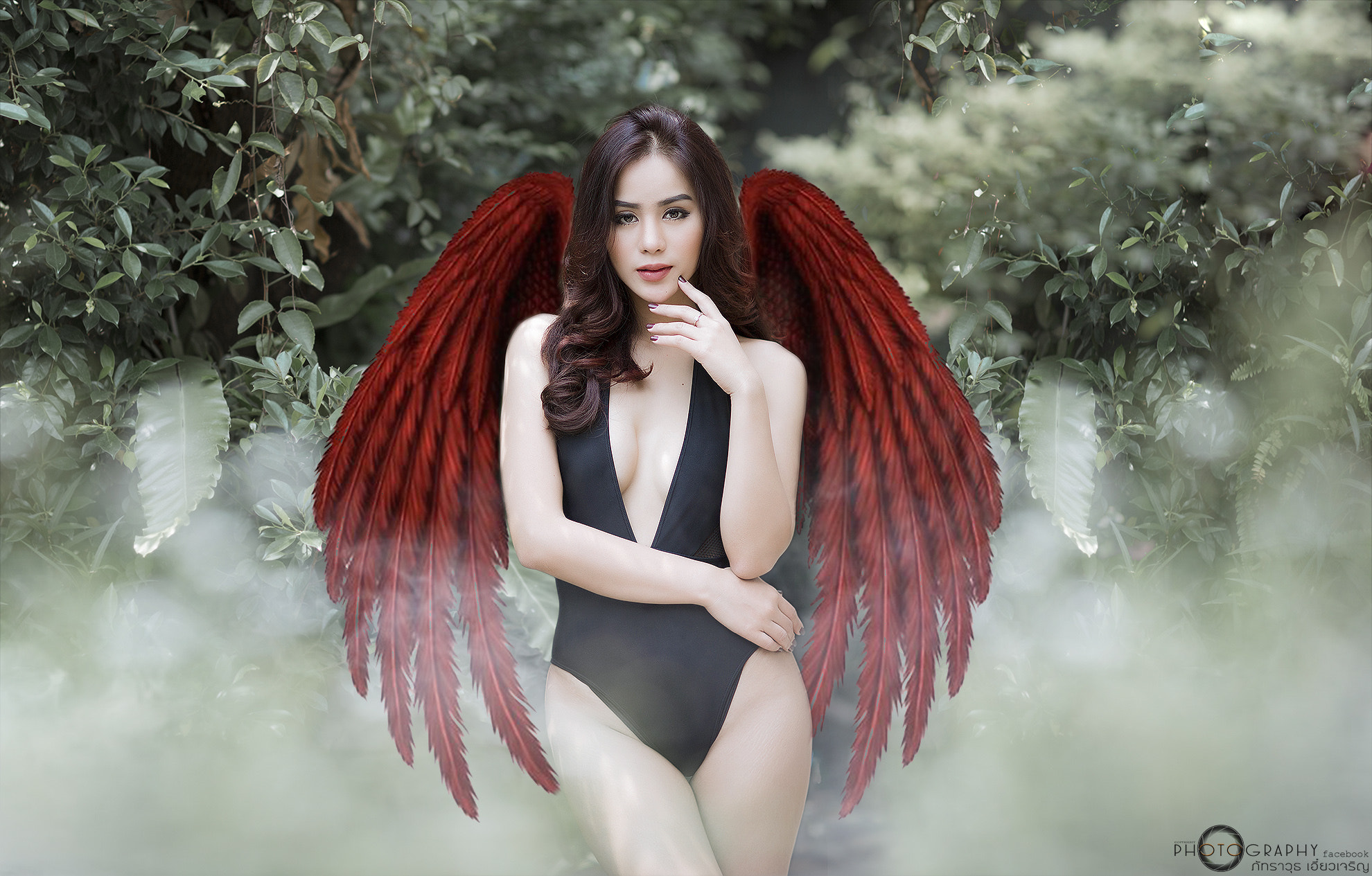 People 1980x1265 women wings fantasy girl bodysuit standing model looking at viewer smoke women outdoors outdoors long hair redhead dyed hair painted nails plants leaves makeup
