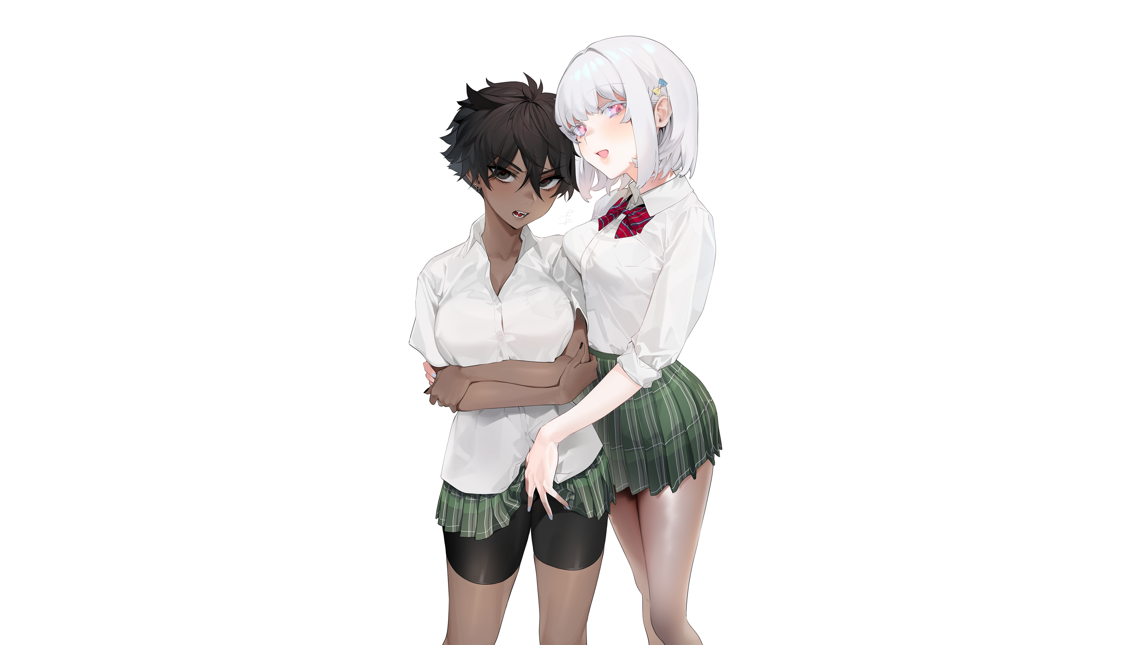 Anime 3840x2160 anime anime girls original characters ohisashiburi pleated skirt brunette white hair hair bows pink eyes dark skin fangs earring white shirt arms crossed looking at viewer simple background lifting shirt bow tie bike shorts tomboys school uniform