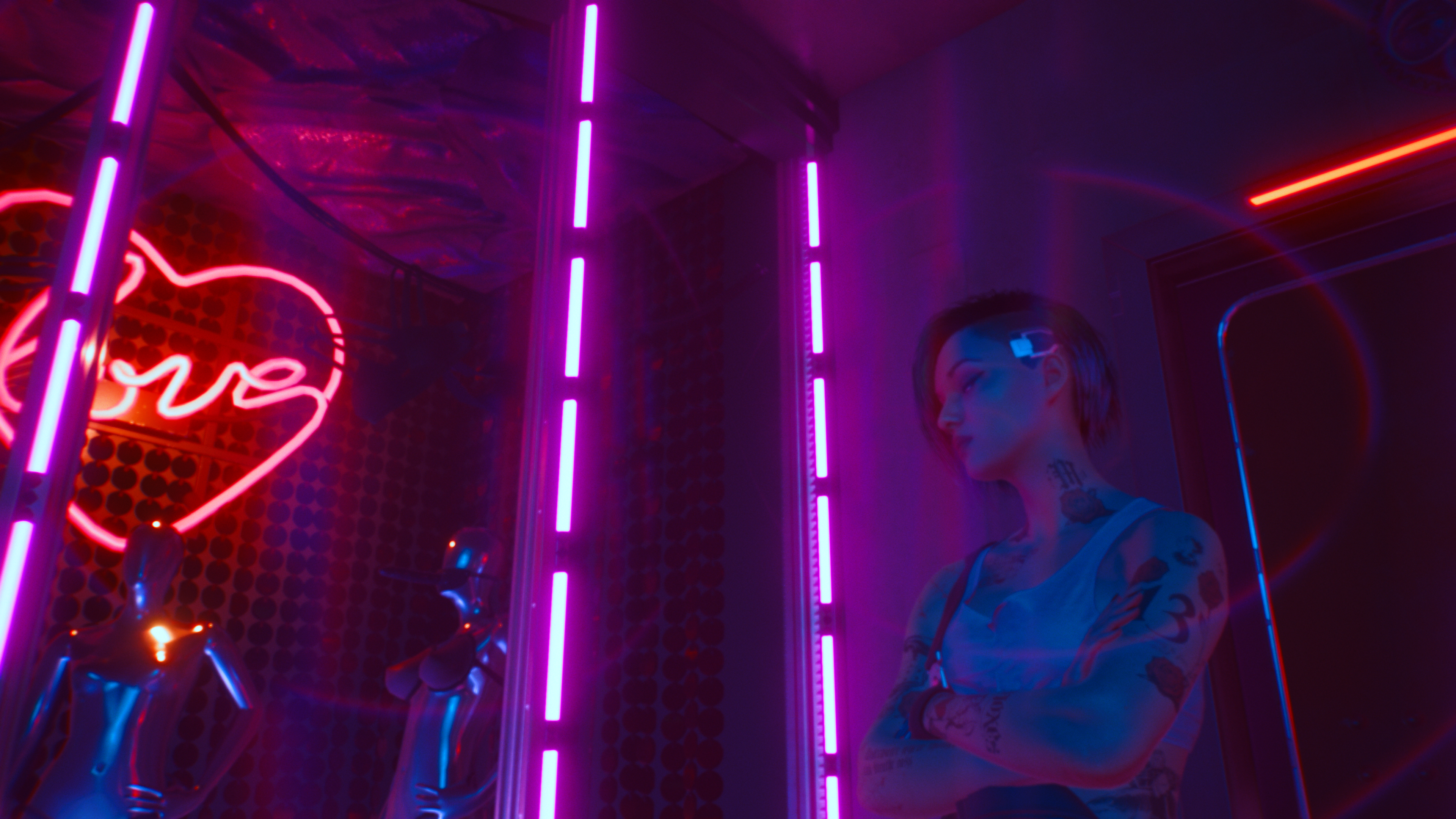General 3840x2160 Cyberpunk 2077 video games Judy Alvarez neon underground tattoo rose lights microchip cyber science fiction futuristic people reflection relaxing punk CD Projekt RED video game characters