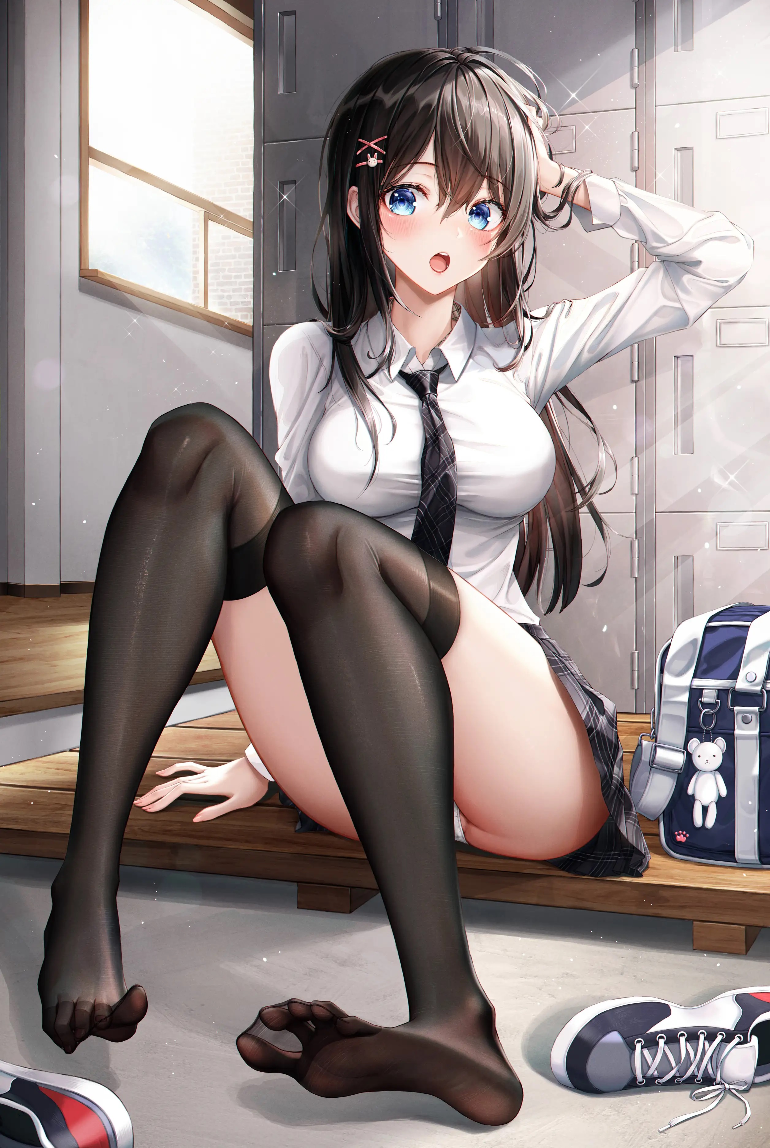 Anime 2512x3745 anime girls brunette schoolgirl school uniform shirt white shirt blue eyes necktie tie black stockings thigh-highs panties big boobs feet artwork Eichi