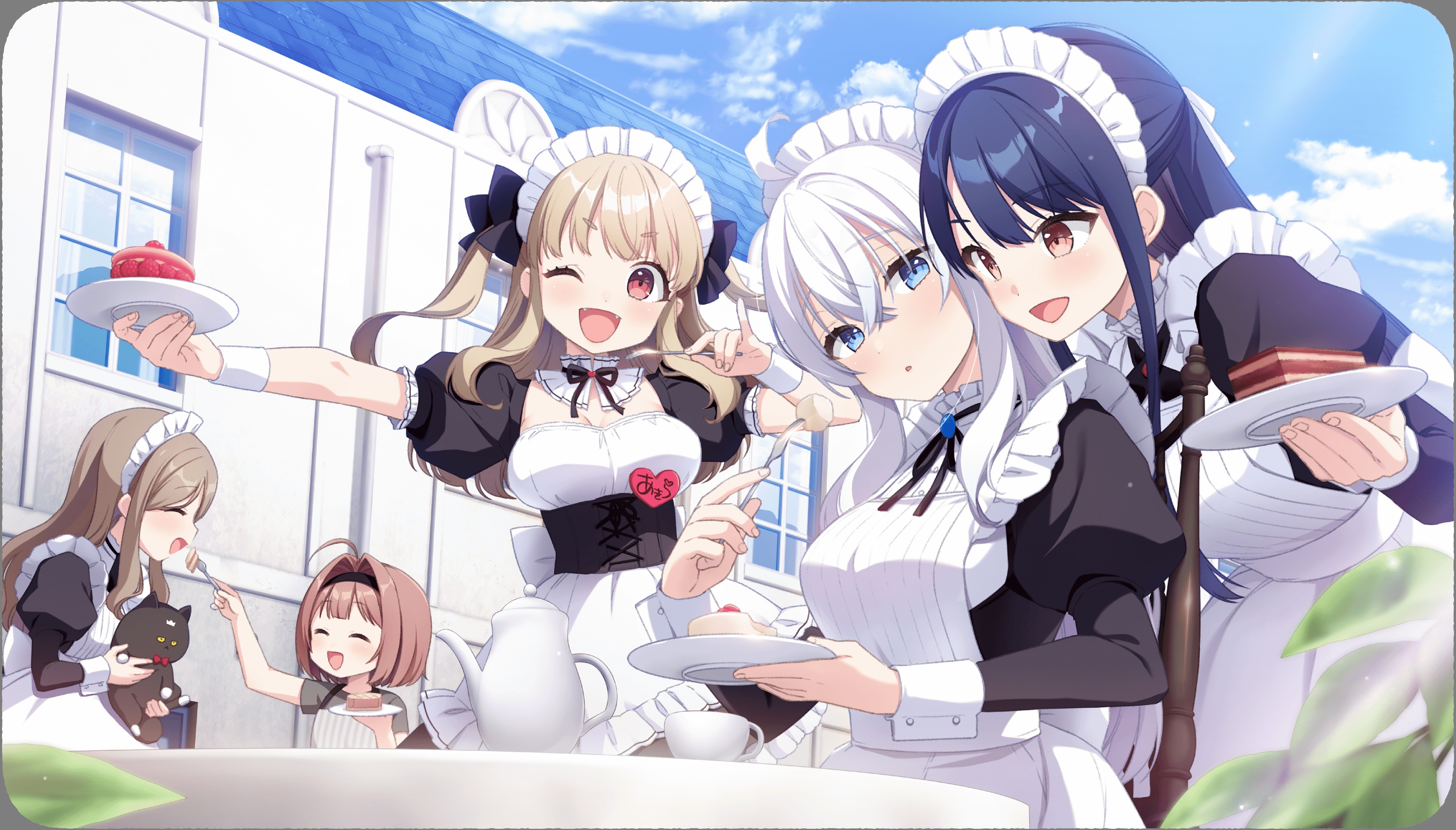 Anime 3660x2088 anime anime girls group of women food sweets cake one eye closed blue eyes dress maid red eyes long hair