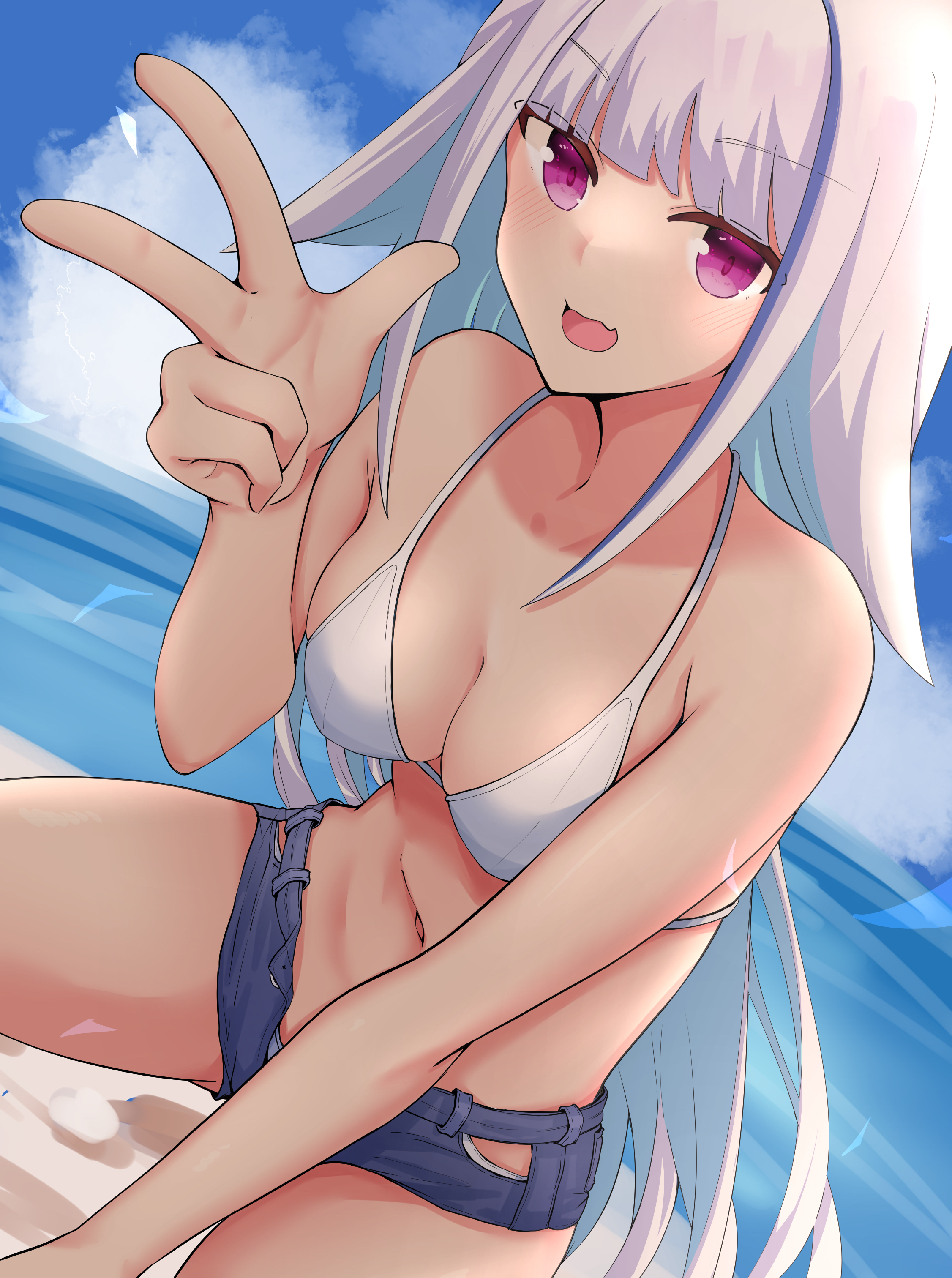 Anime 2253x3024 Nijisanji Lize Helesta anime girls boobs bikini white hair water beach