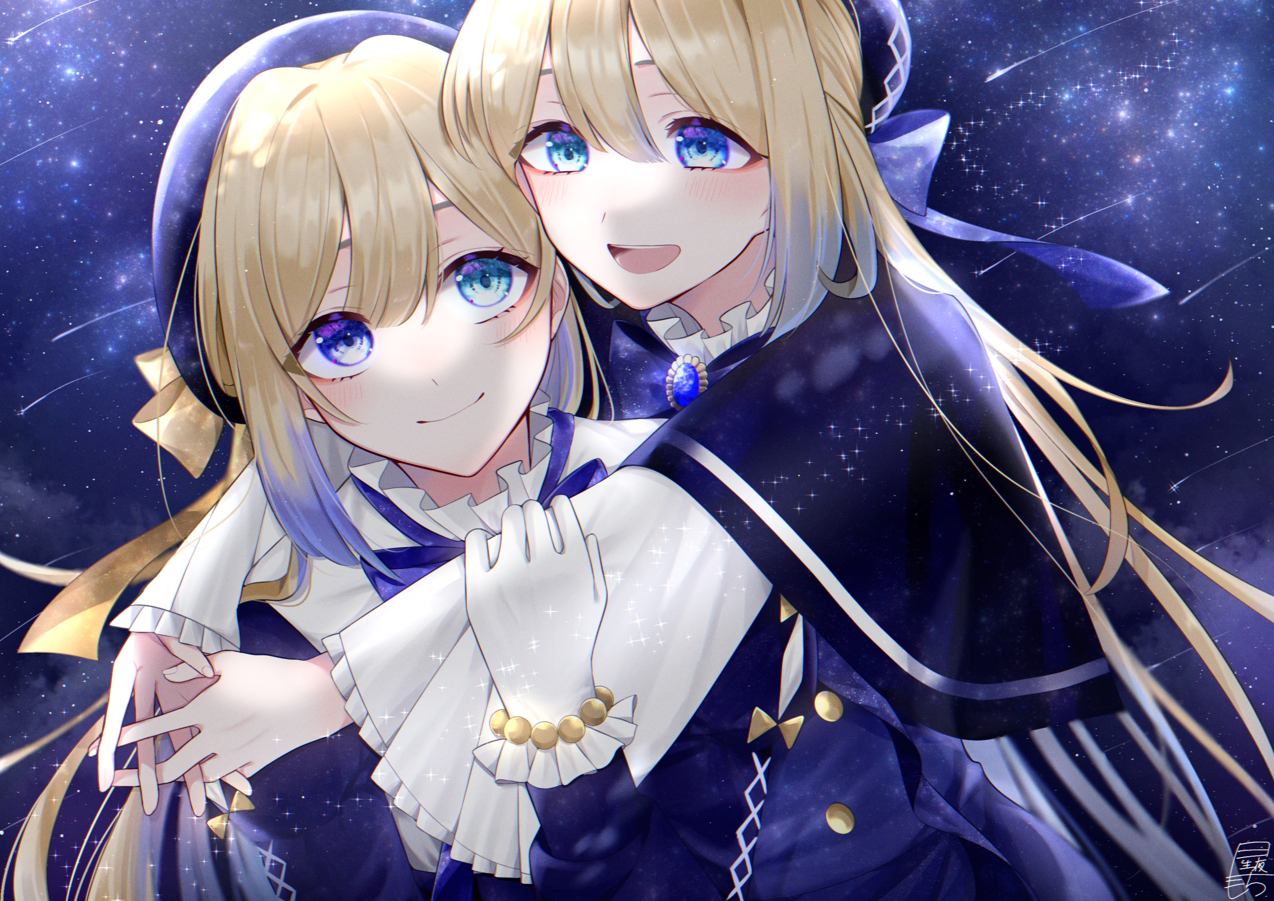 Anime 4093x2894 anime anime girls twins original characters long hair hat hugging blue eyes night artwork digital art