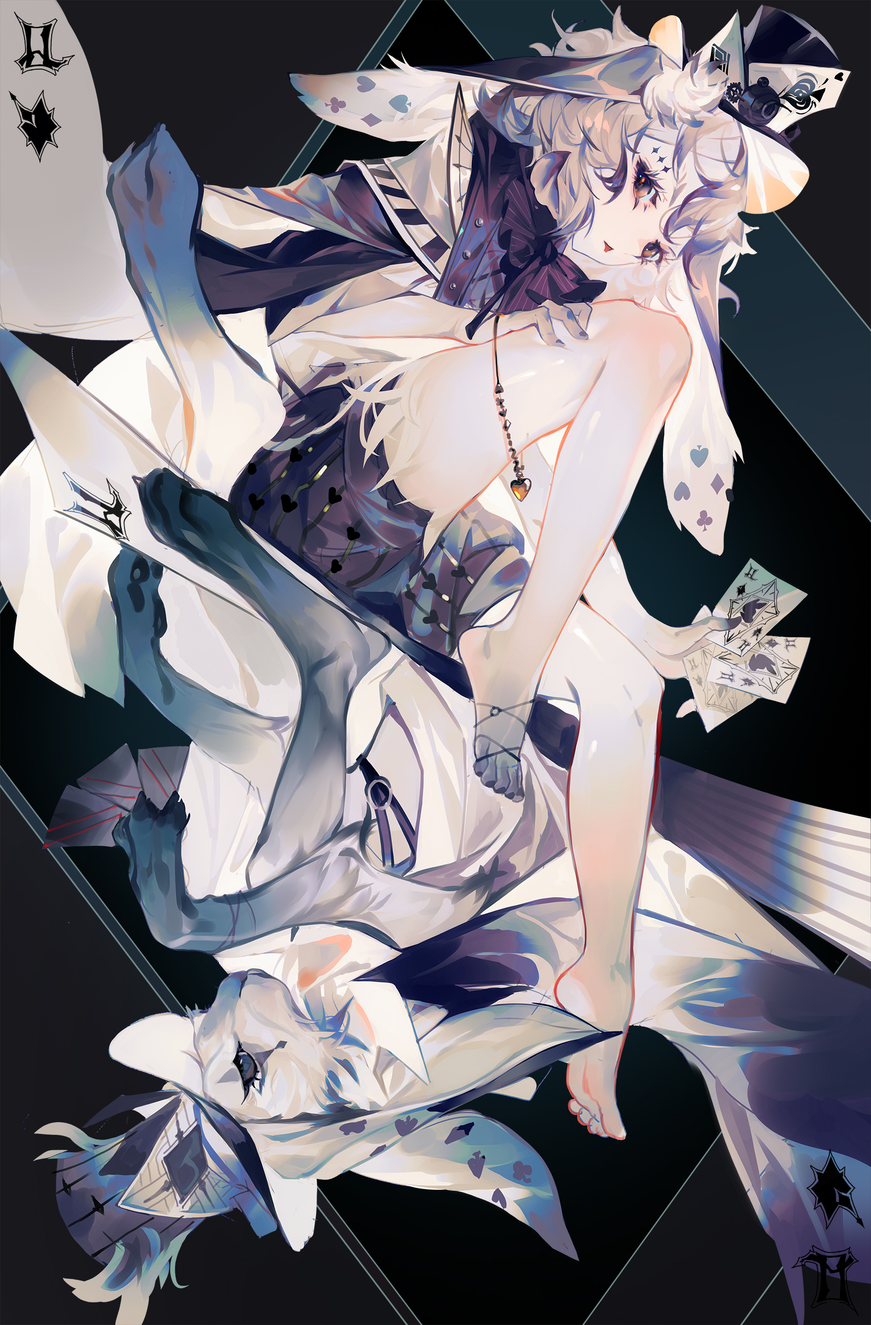 Anime 1700x2586 anime anime girls legs thighs hat women with hats playing cards barefoot Queen of Spades rabbits artwork Grandialee