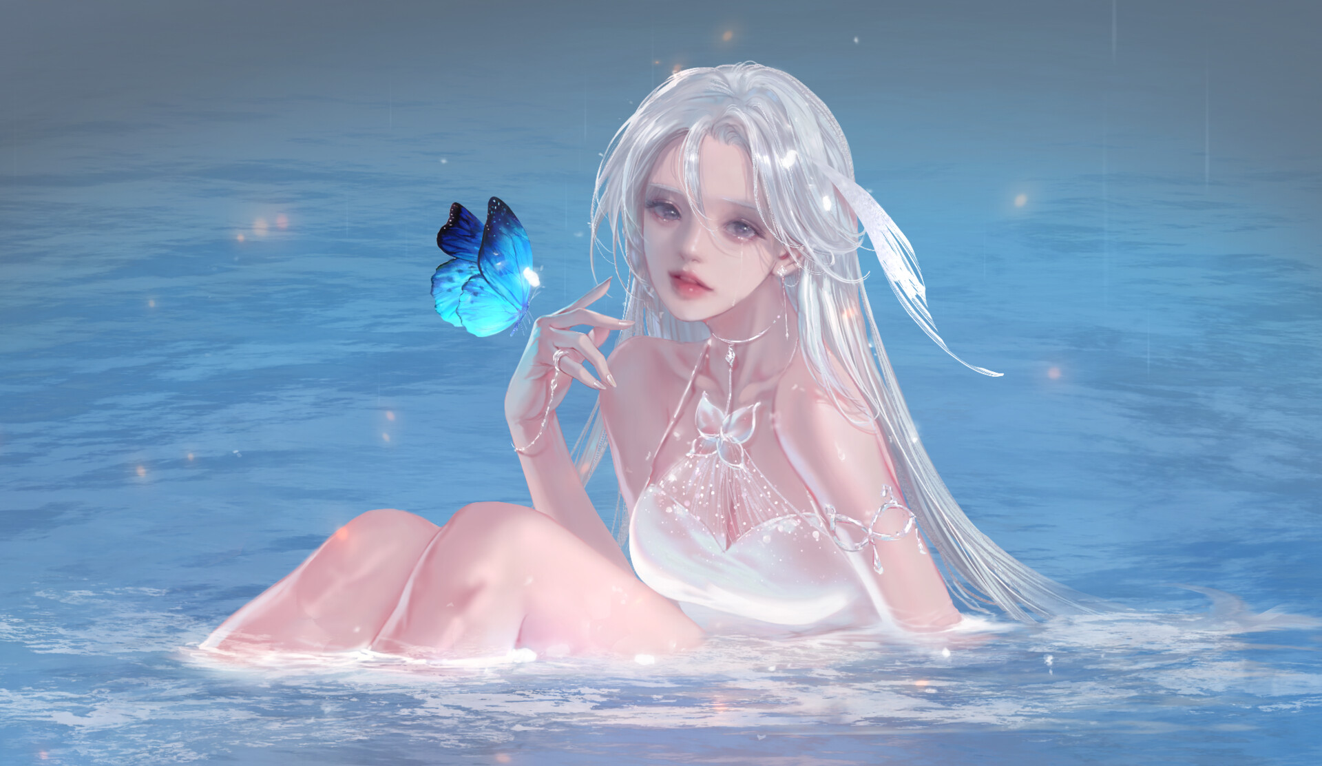 General 1920x1112 women fantasy art fantasy girl butterfly long hair in water water looking at viewer