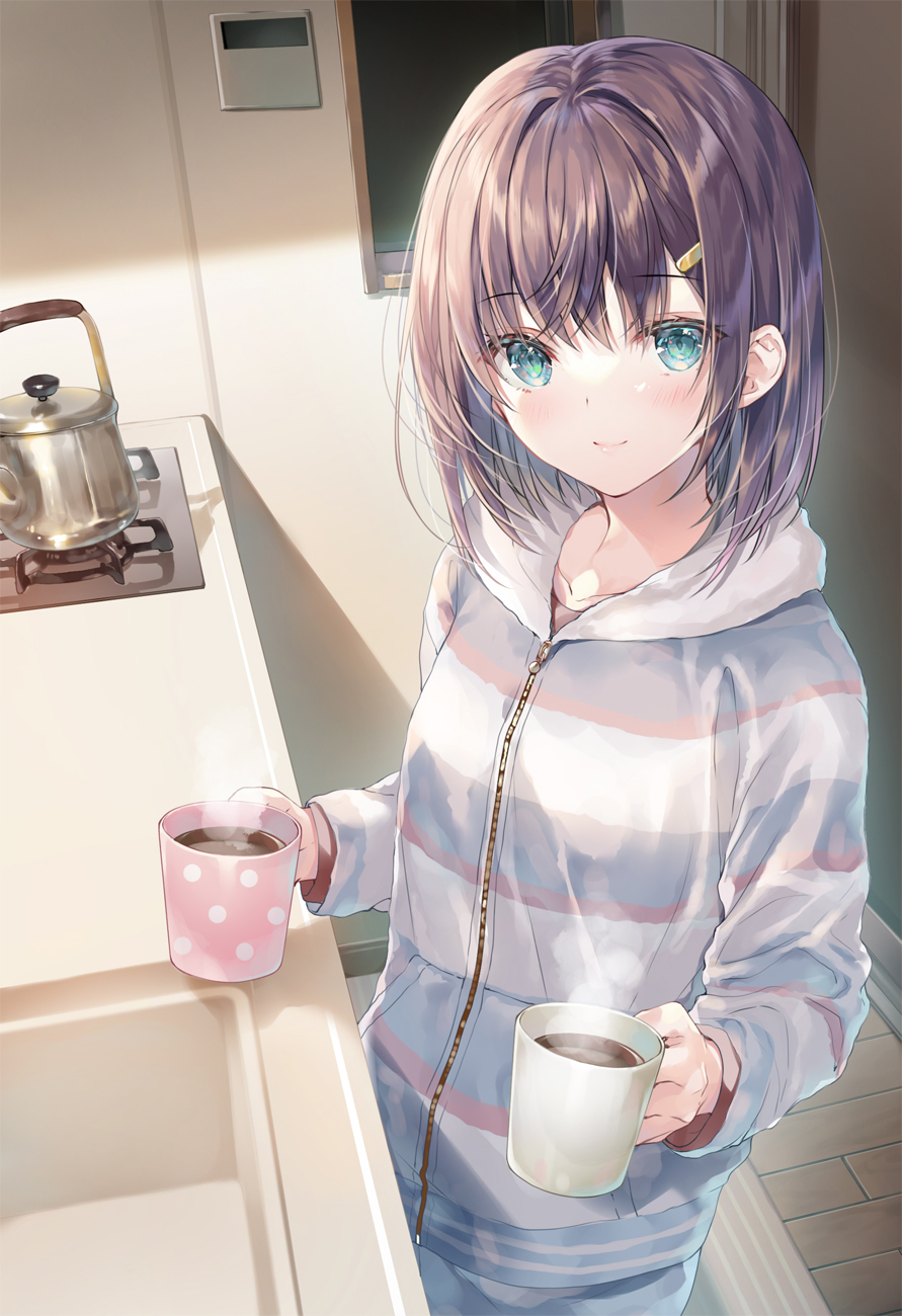 Anime 891x1300 2D anime anime girls digital art smiling kitchen sweater coffee happy looking at viewer brunette blue eyes artwork Miwabe Sakura