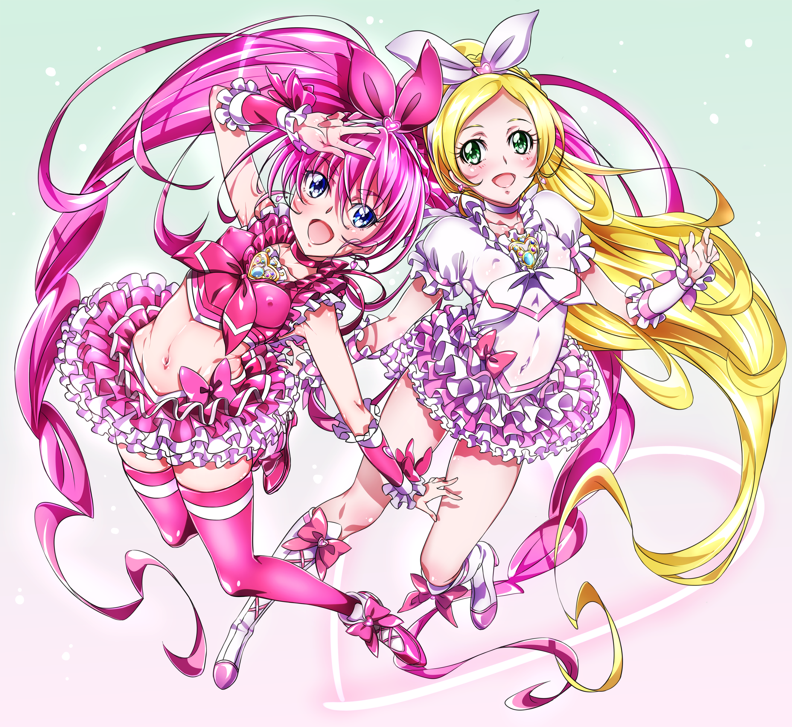 Anime 3269x3000 Pretty Cure thigh-highs magical girls anime girls Niko (artist) Minamino Kanade belly ponytail blonde pink hair nipple bulge Hojo Hibiki Cure Melody Cure Rhythm Suite Precure♪