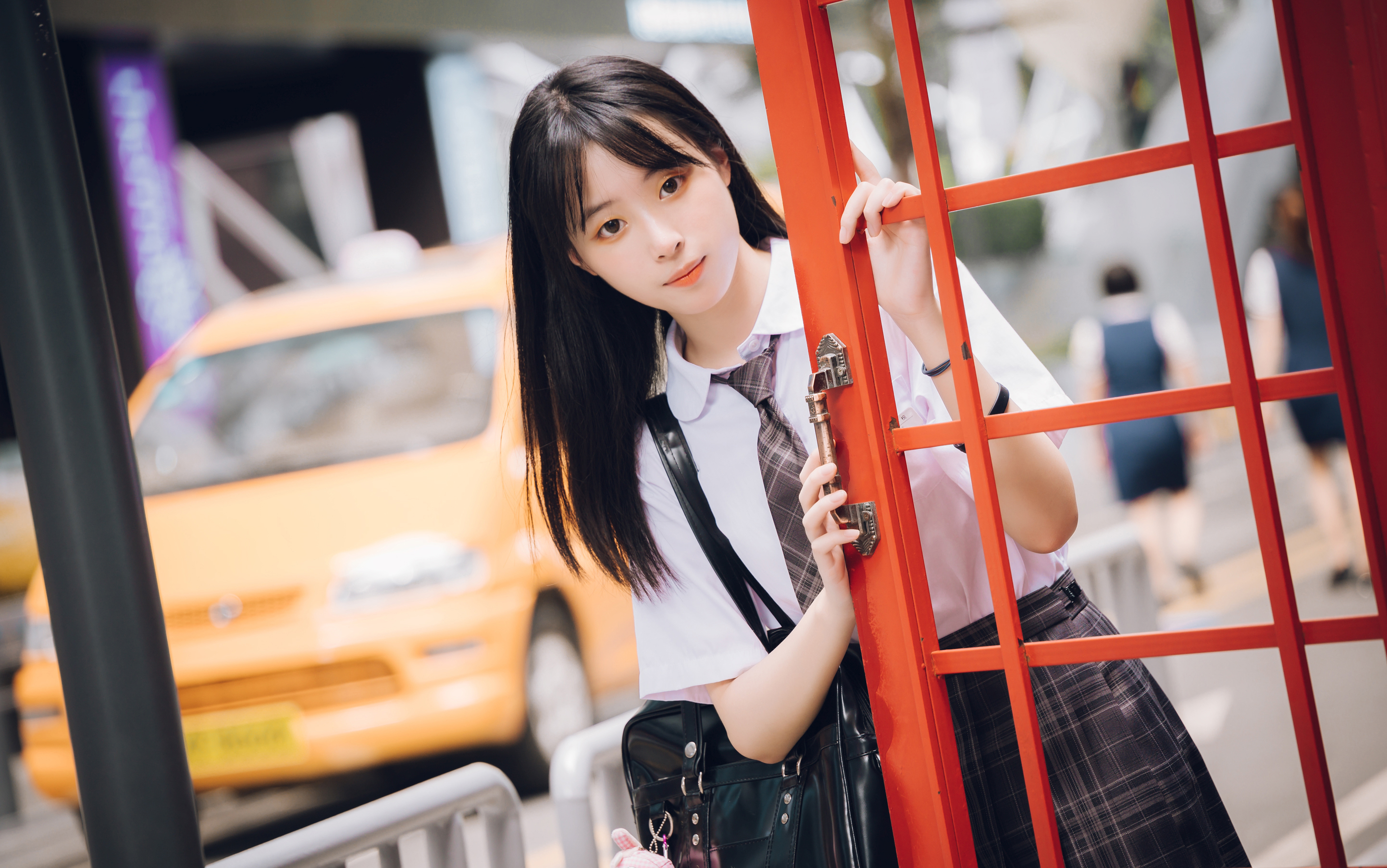 People 2886x1806 Asian bag school uniform women depth of field