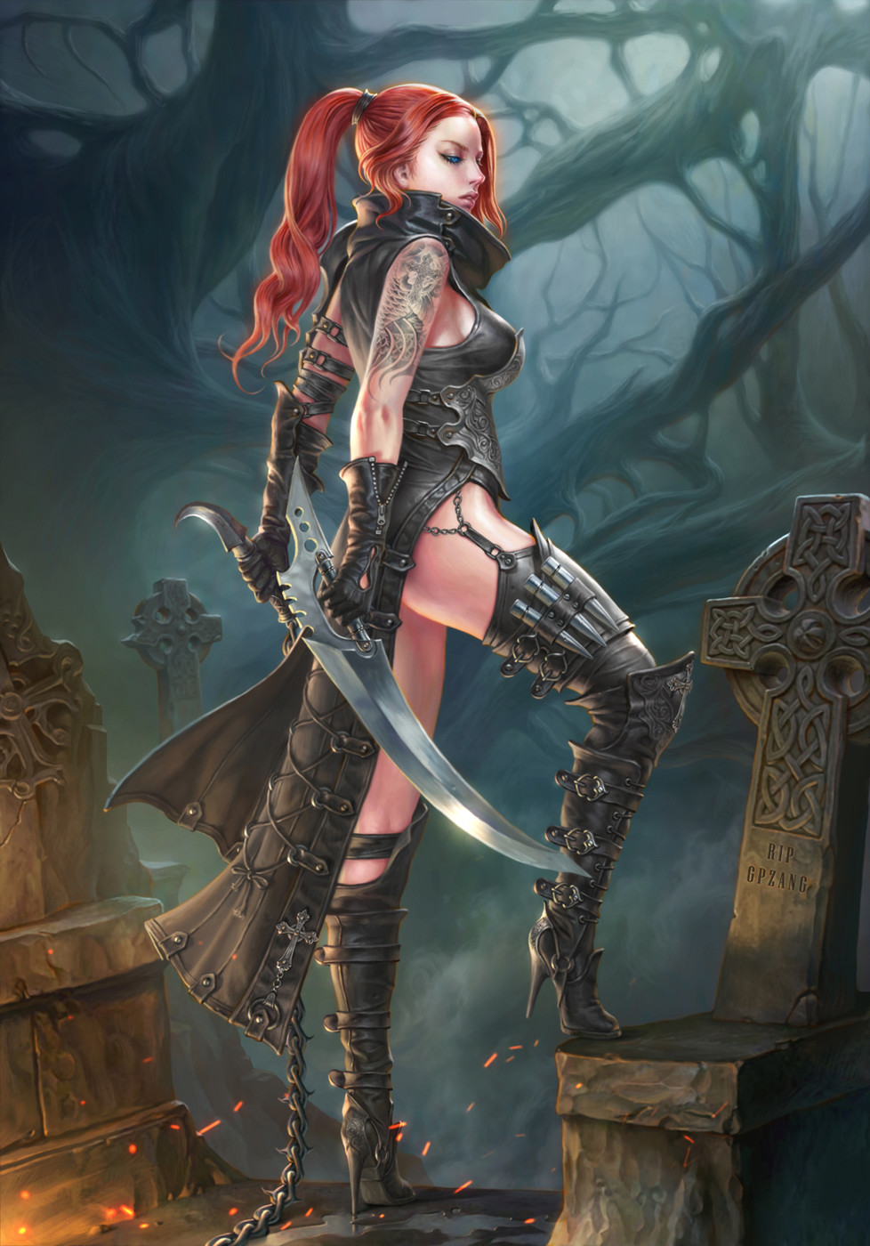 General 978x1400 Young June Choi drawing women warrior redhead ponytail armor weapon blades sword chains sparks roots trees graveyards fantasy art fantasy girl women with swords high heeled boots legs standing heels thighs sideboob