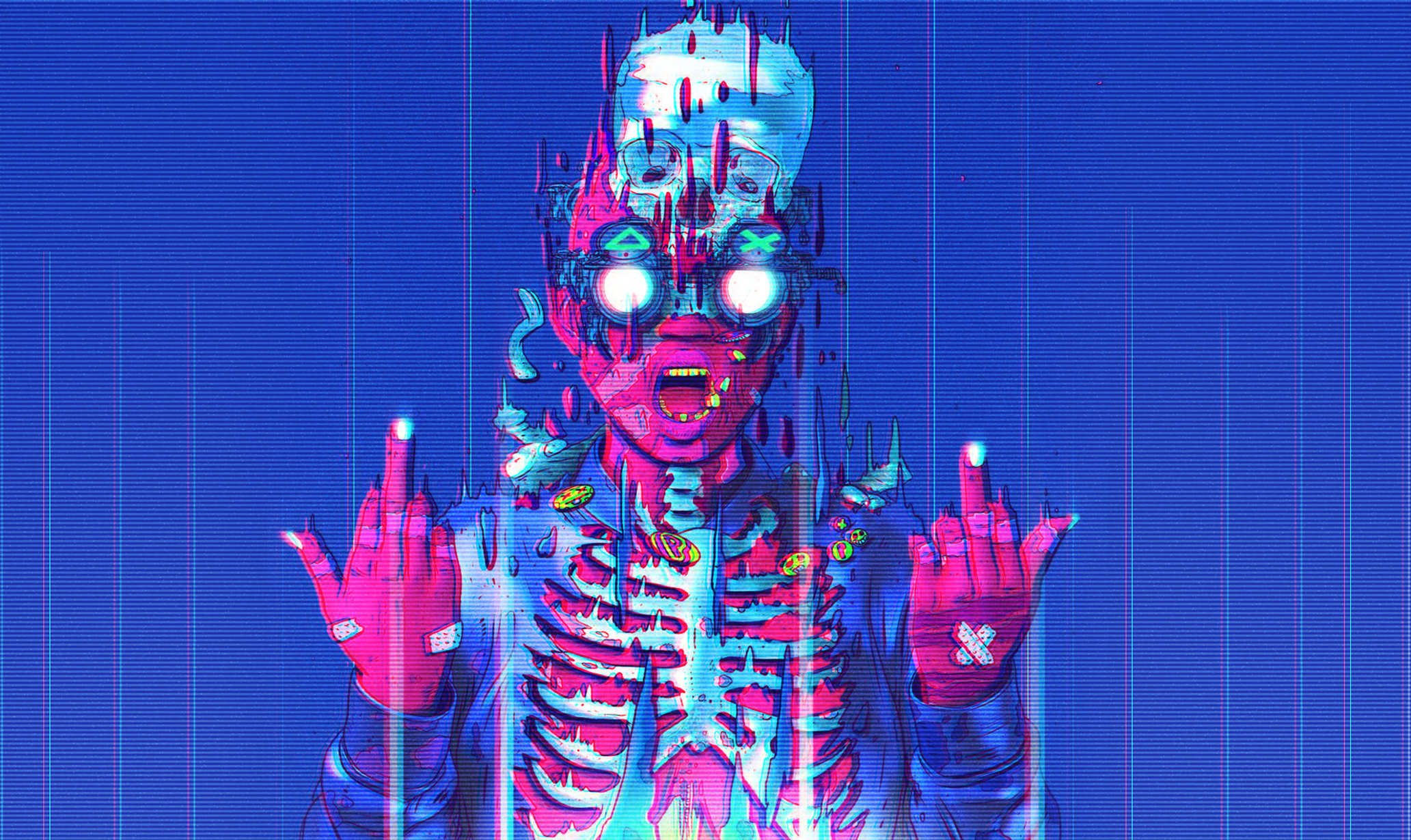 General 2065x1230 Nick Sullo cyberpunk skull artwork digital art synthwave middle finger looking at viewer glitch art neon