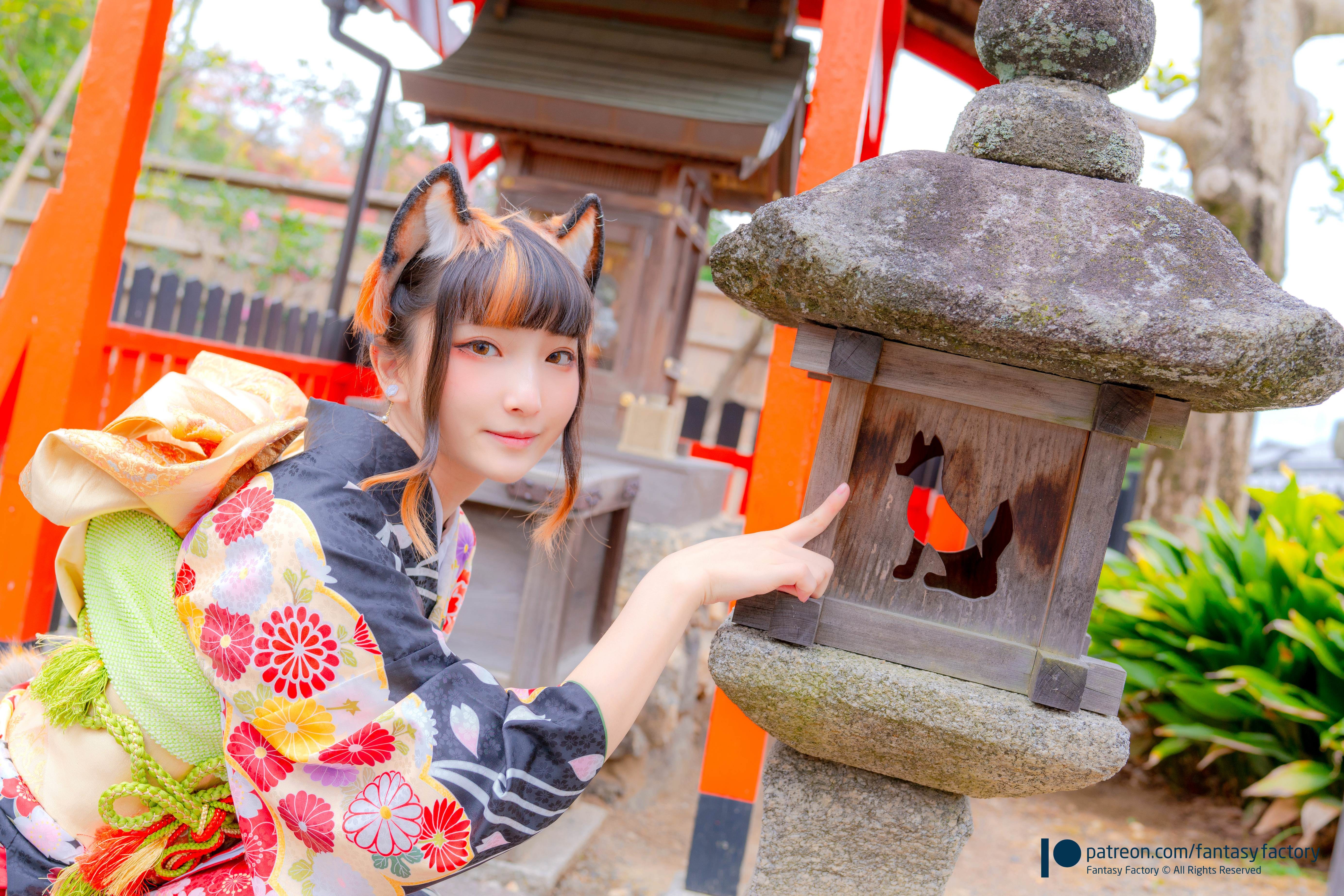 People 5534x3692 women cosplay Asian kimono Fantasy Factory animal ears model outdoors women outdoors looking at viewer