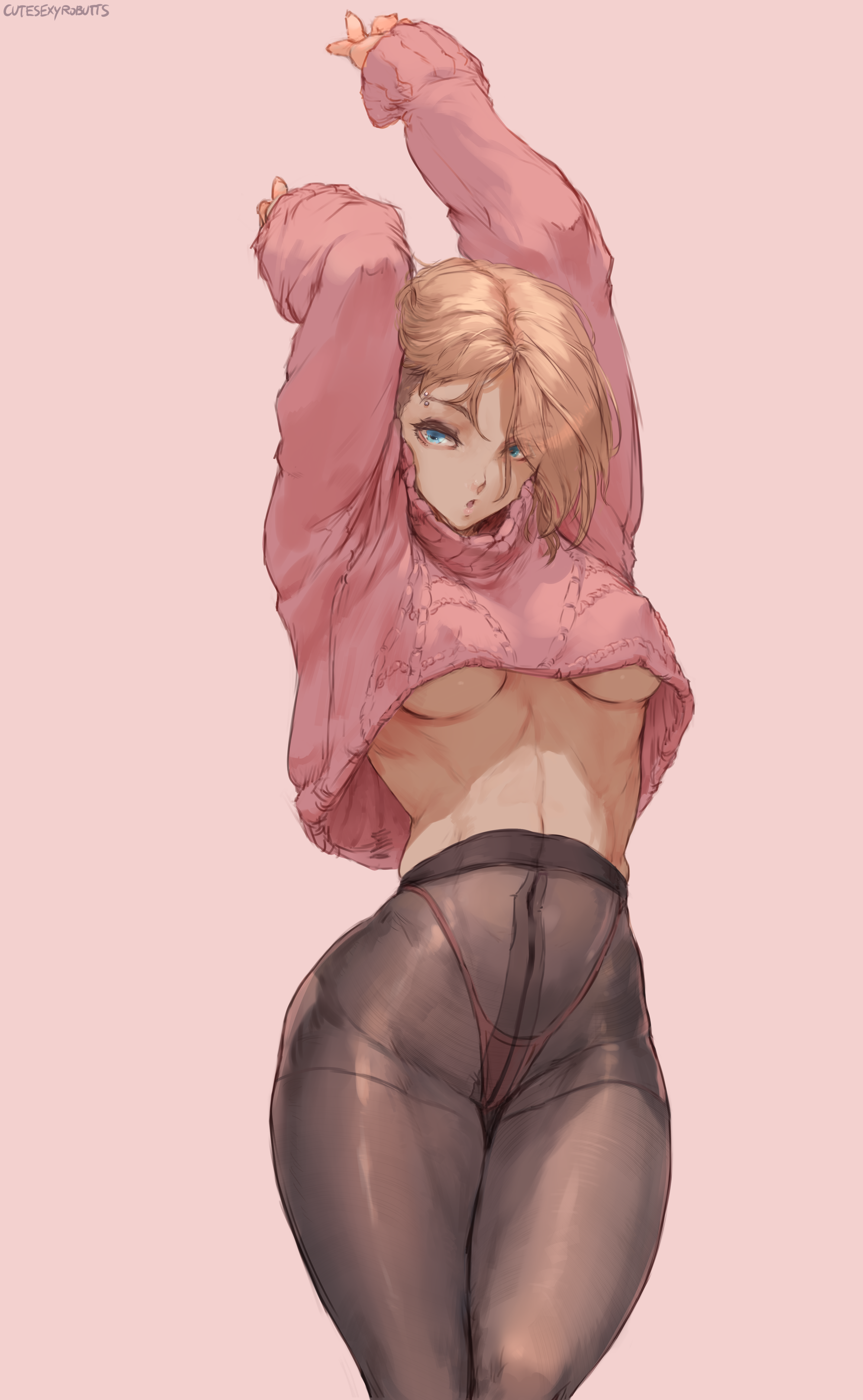 Anime 3185x5169 Gwen Stacy Spider-Man blonde side shave piercing pierced eyebrow blue eyes parted lips sweater pink sweater no bra underboob belly underwear G-strings pantyhose see-through clothing thick thigh arms up pink pink background simple background looking at viewer 2D artwork portrait display drawing digital art illustration fan art Cutesexyrobutts short hair