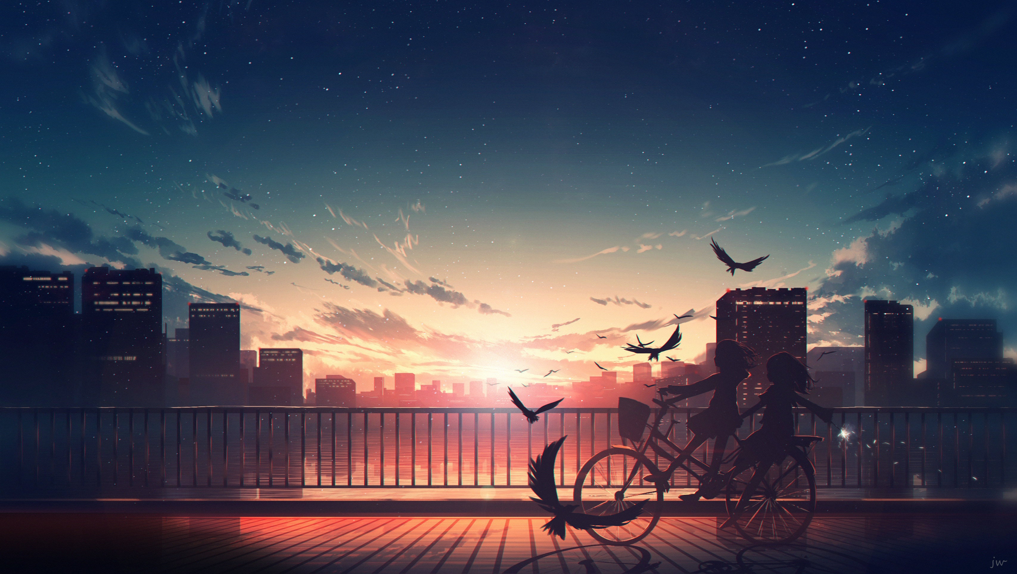 Anime 3414x1928 sky clouds horizon cityscape sunset bicycle anime girls HuashiJW