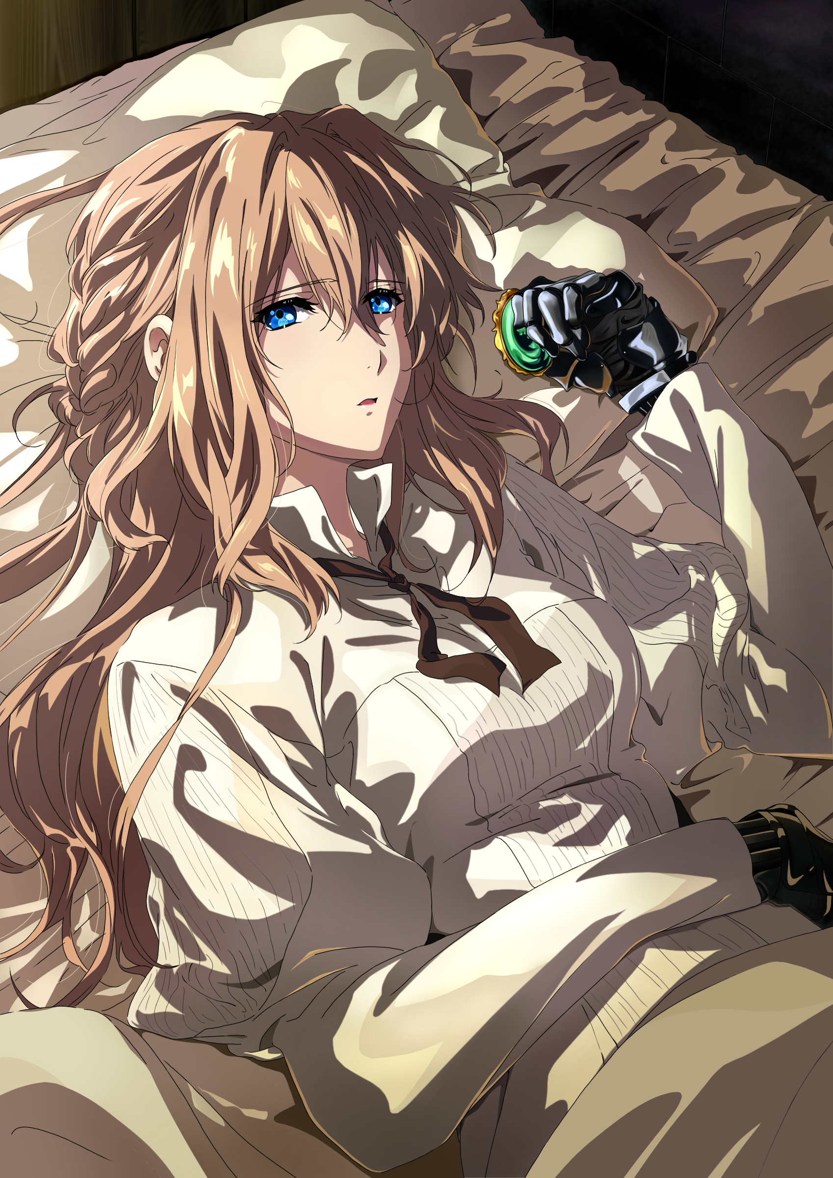 Anime 1698x2400 Violet Evergarden anime anime girls blue eyes lying on back long hair looking at viewer blonde in bed