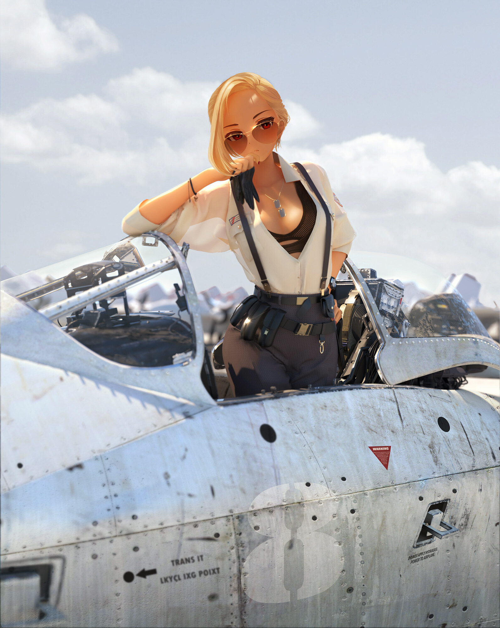 Anime 1592x2000 Nekocha anime anime girls aircraft women with shades sunglasses blonde military aircraft vehicle