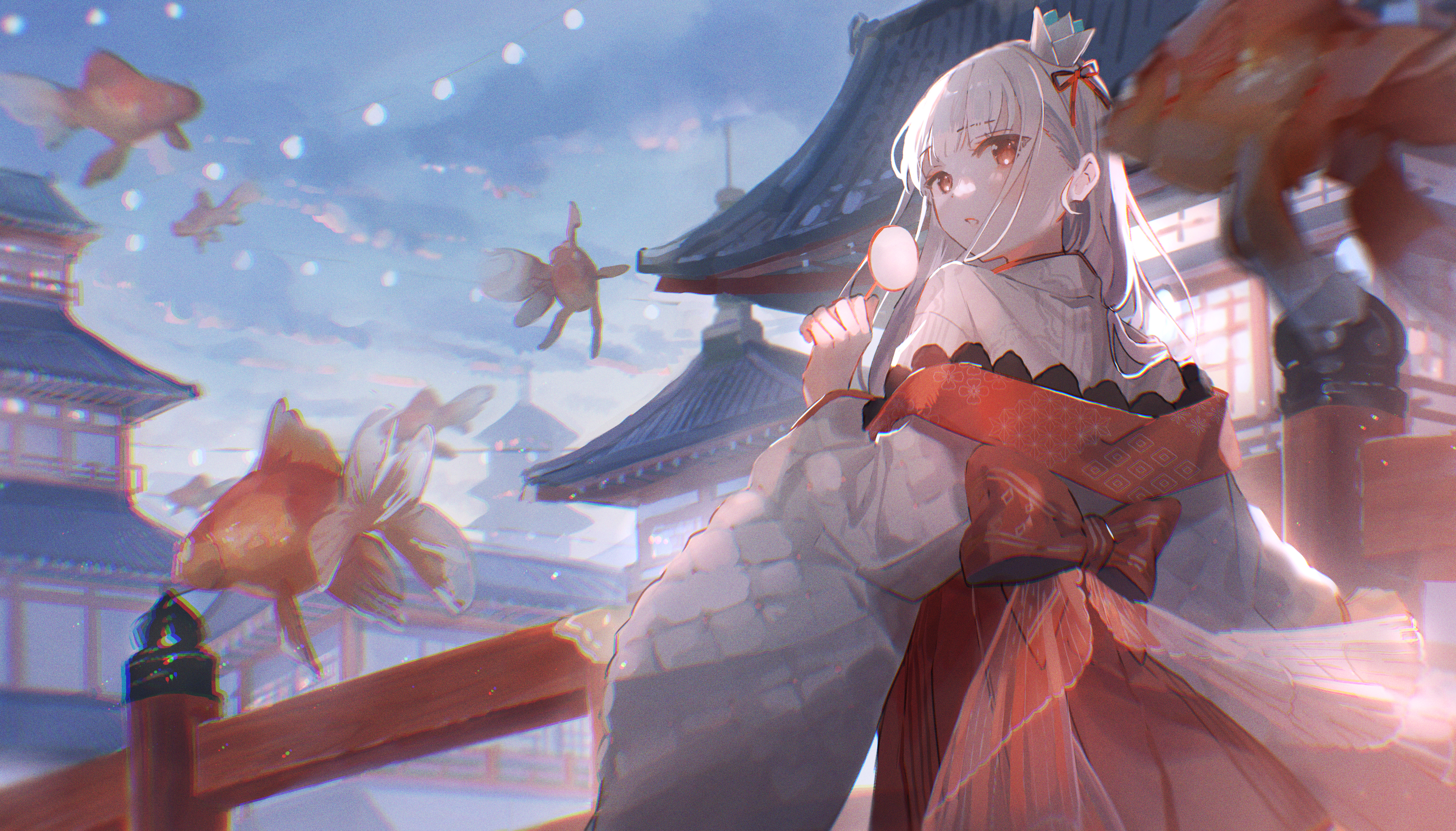 Anime 3740x2135 anime anime girls Oyuyu fish silver hair red eyes Japanese clothes