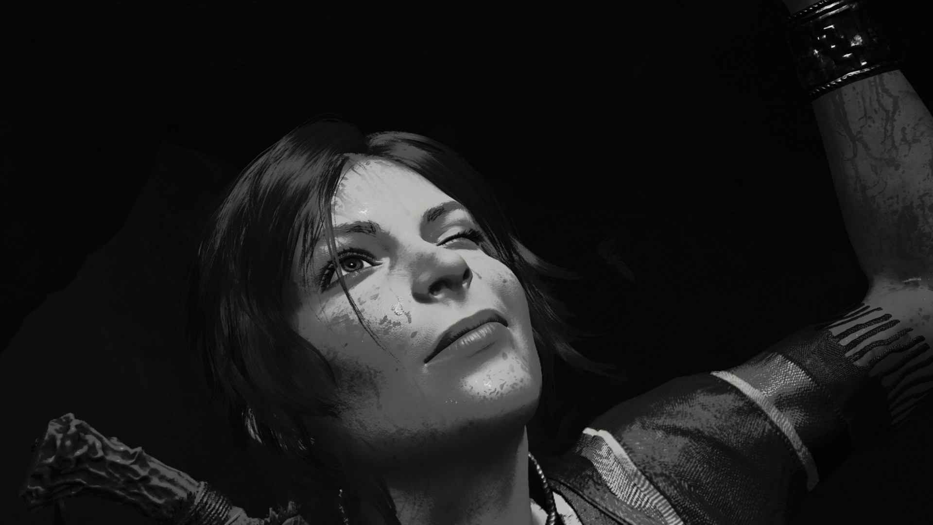 General 1920x1080 Tomb Raider Shadow of the Tomb Raider video games screen shot Lara Croft (Tomb Raider) face closeup PC gaming video game girls monochrome one eye closed black background simple background video game characters