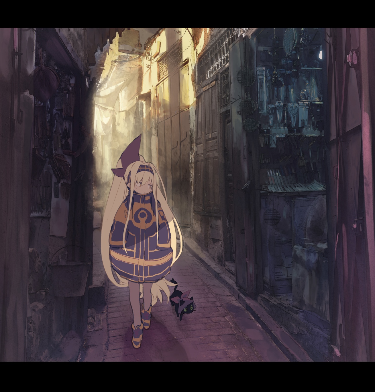 Anime 1309x1371 anime anime girls Hyocoro blonde long hair cats original characters alleyway concept art