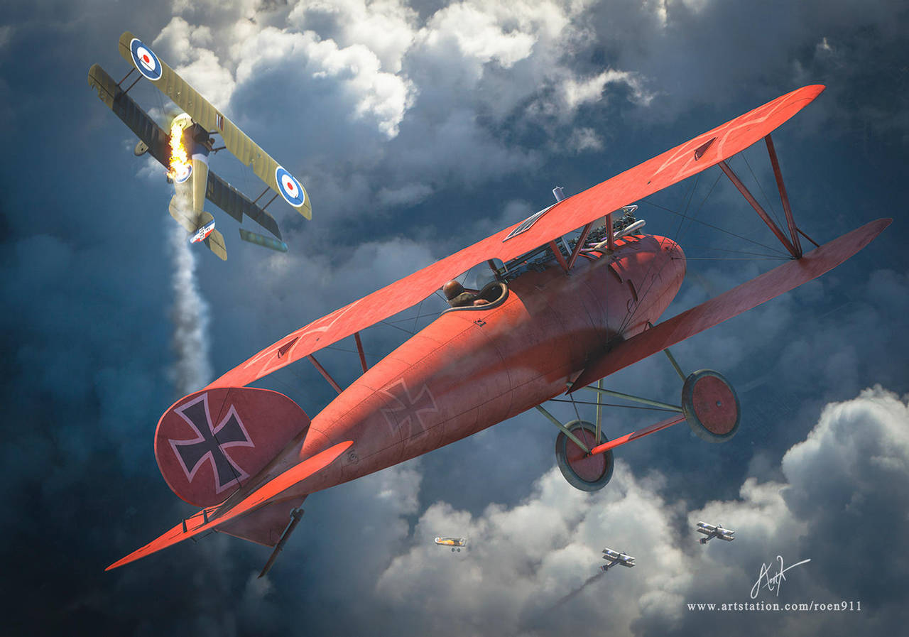 General 1280x897 Red Baron World War I artwork ArtStation military military aircraft aircraft military vehicle German aircraft vehicle watermarked signature clouds pilot flying sky smoke fire rear view