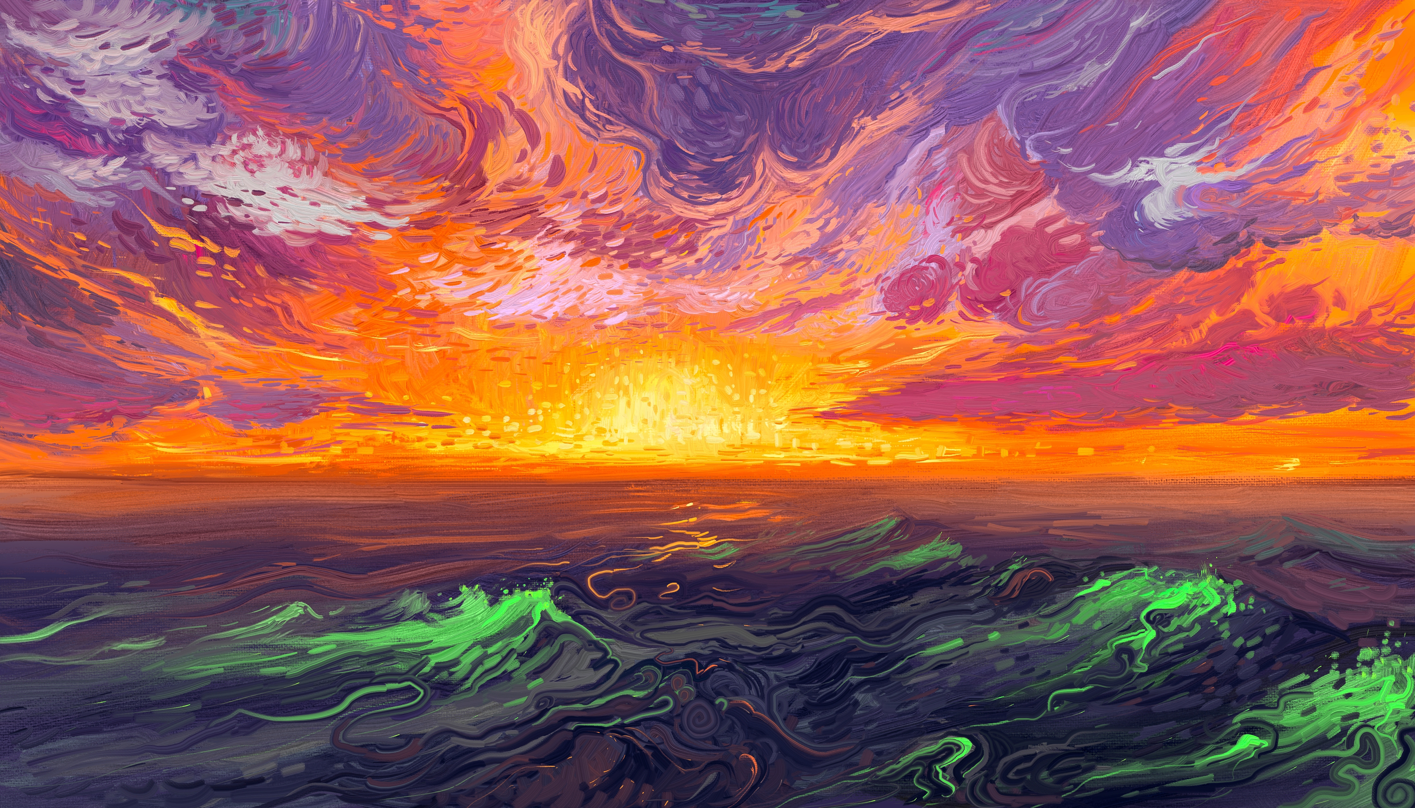 General 4500x2571 Hangmoon digital art painting sunrise waves sea
