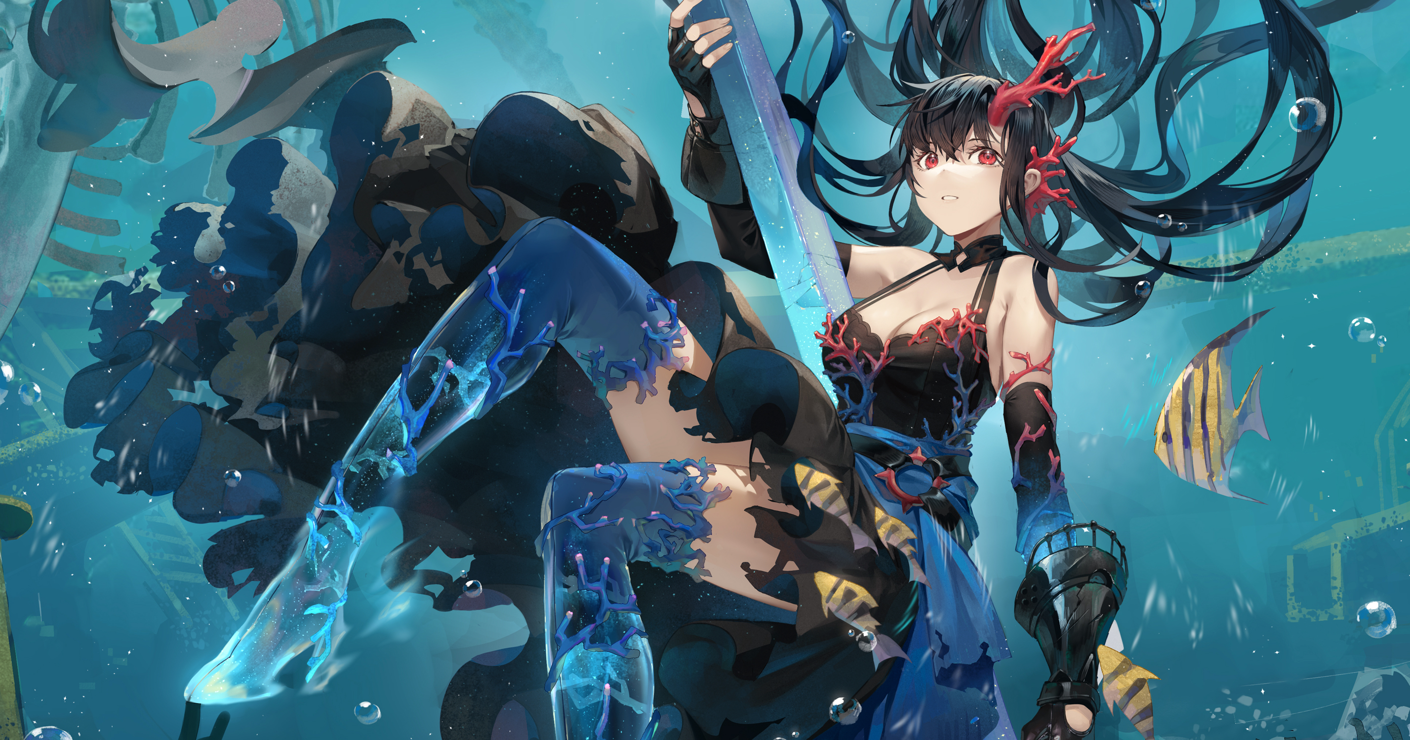 Anime 2855x1500 anime anime girls original characters underwater fish black hair long hair Jidaoji