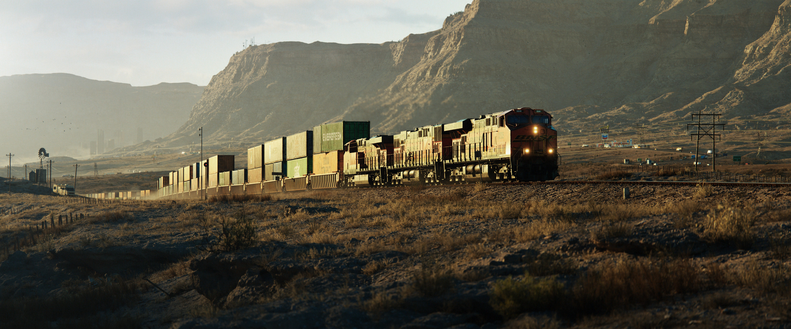 General 2560x1066 Marcel Haladej train vehicle freight train digital art ArtStation landscape diesel locomotive CGI