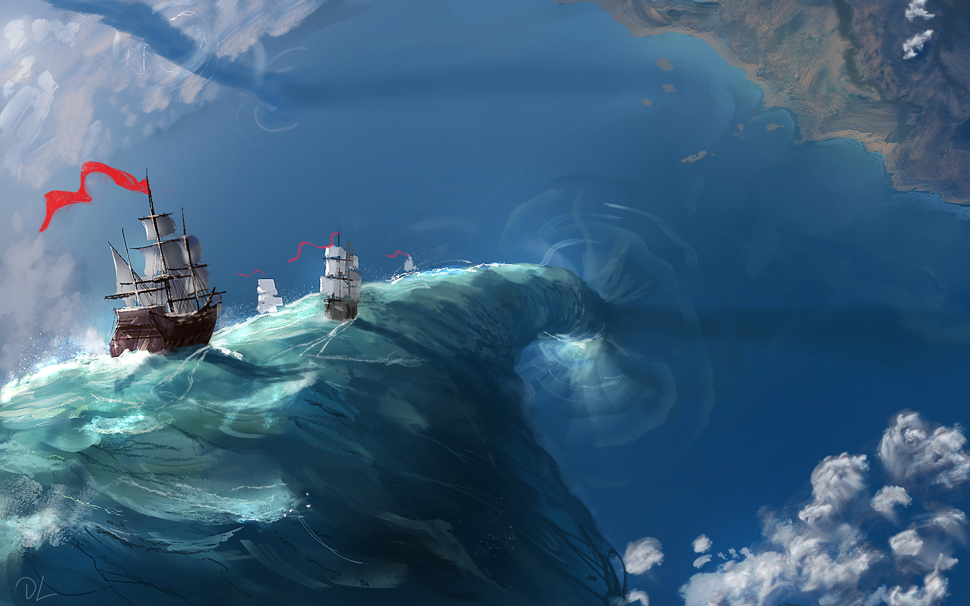 General 1920x1200 artwork fantasy art ship sailing ship sea tornado Denis Loebner digital art