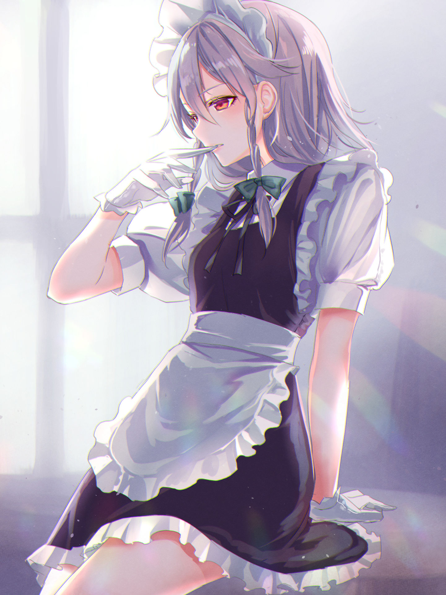 red eyes, purple hair, braids, anime, anime girls, maid outfit, Touhou