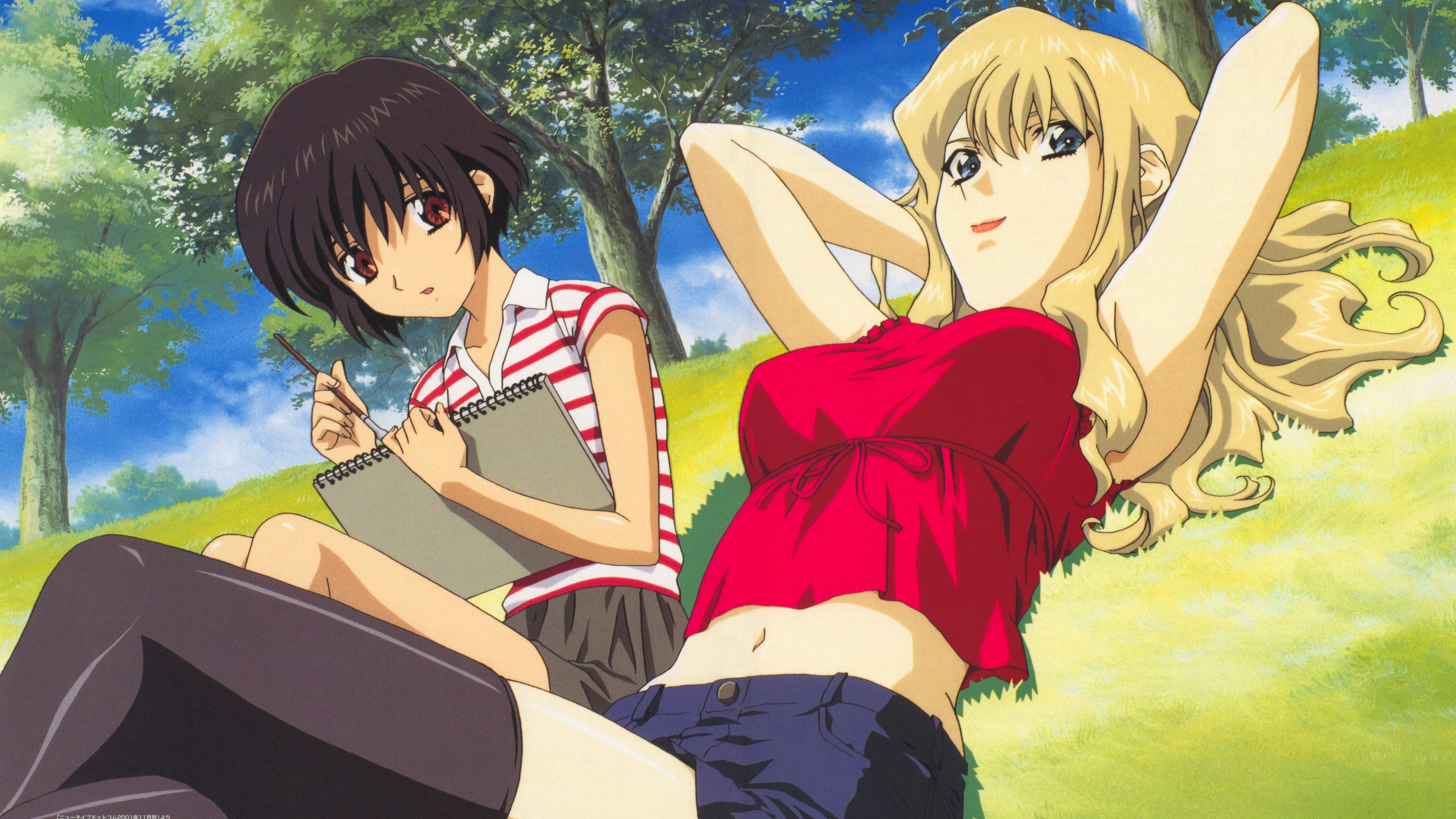 Anime 3840x2160 Noir (Anime) Kirika Yuumura Mireille Bouquet grass trees clouds sky anime girls no bra