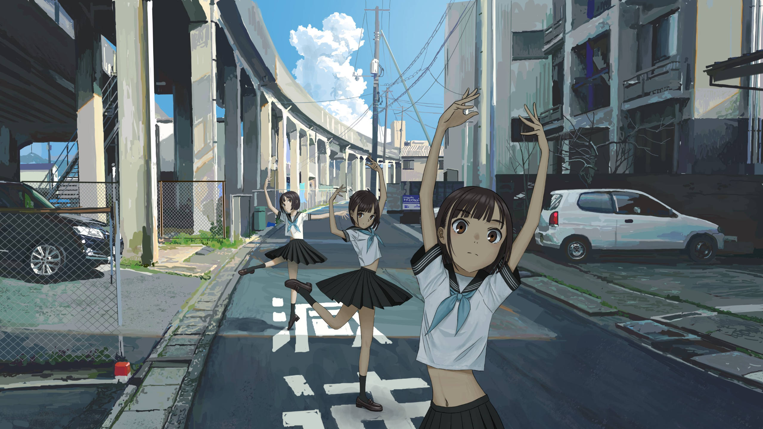 Anime 2560x1440 underpass anime girls anime arms up belly bare midriff brunette legs street urban car