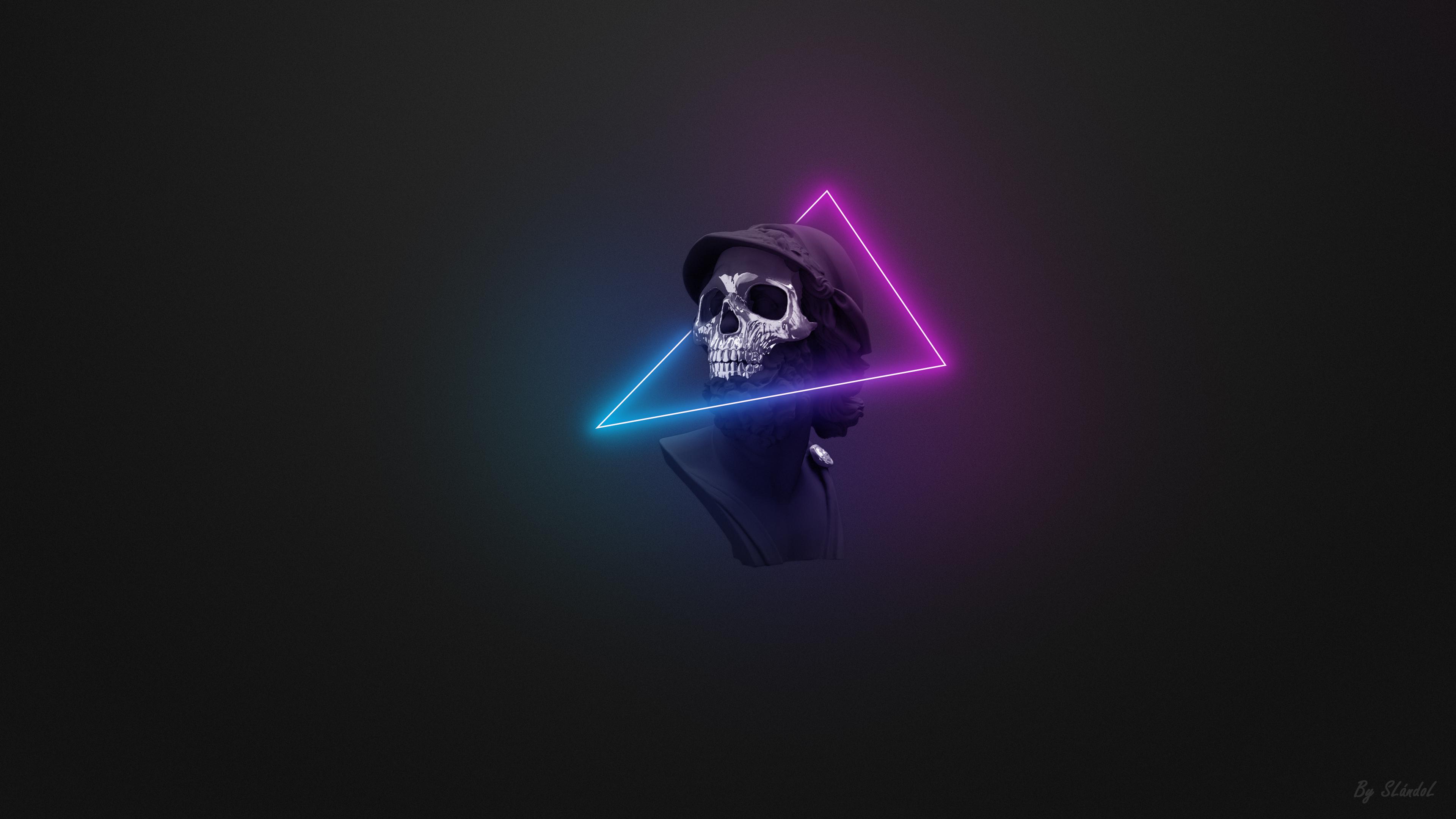 General 3840x2160 triangle neon minimalism digital art skull glowing simple background watermarked
