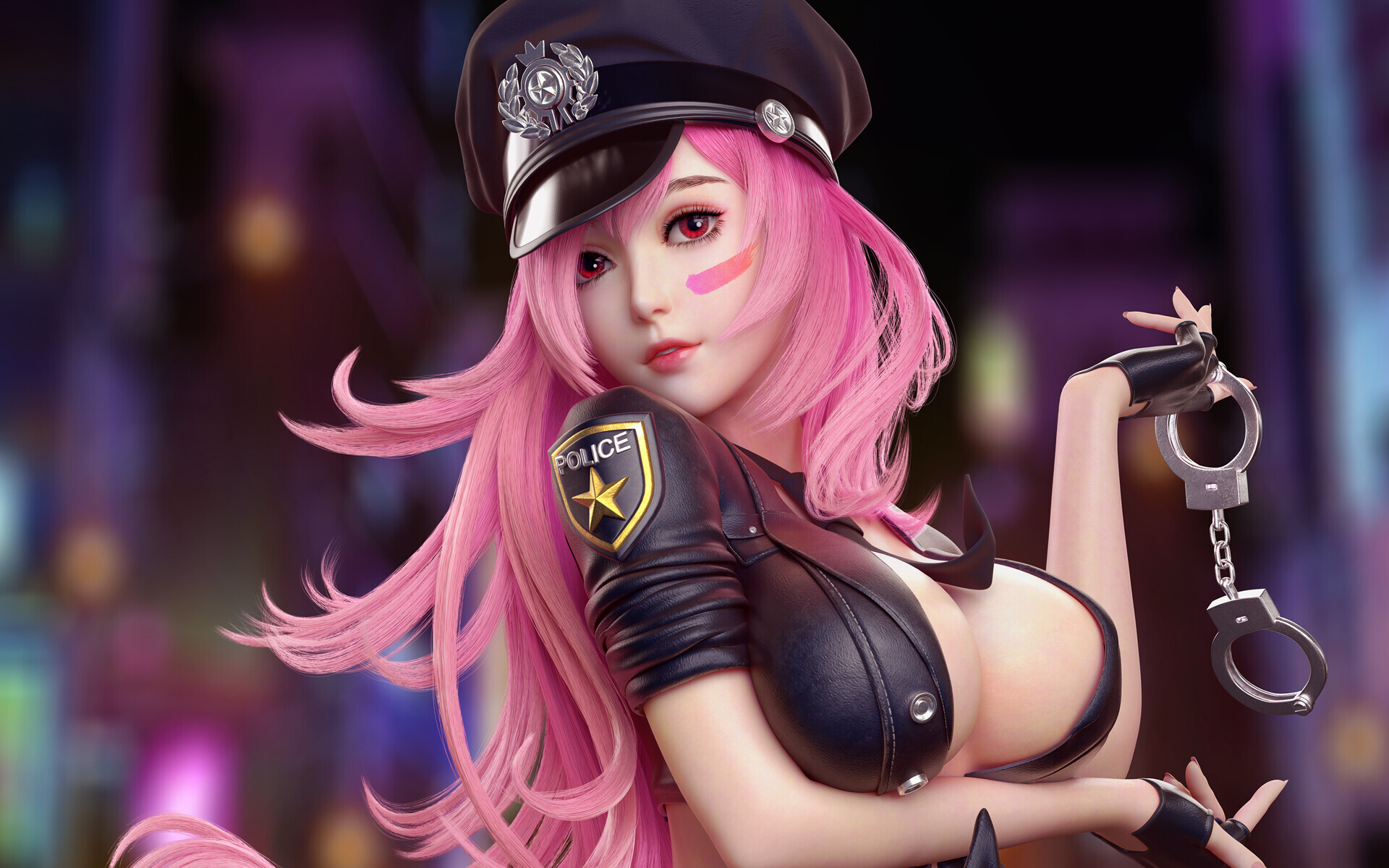 General 1920x1200 Cavan women pink hair CGI police costume handcuffs open clothes face paint red eyes