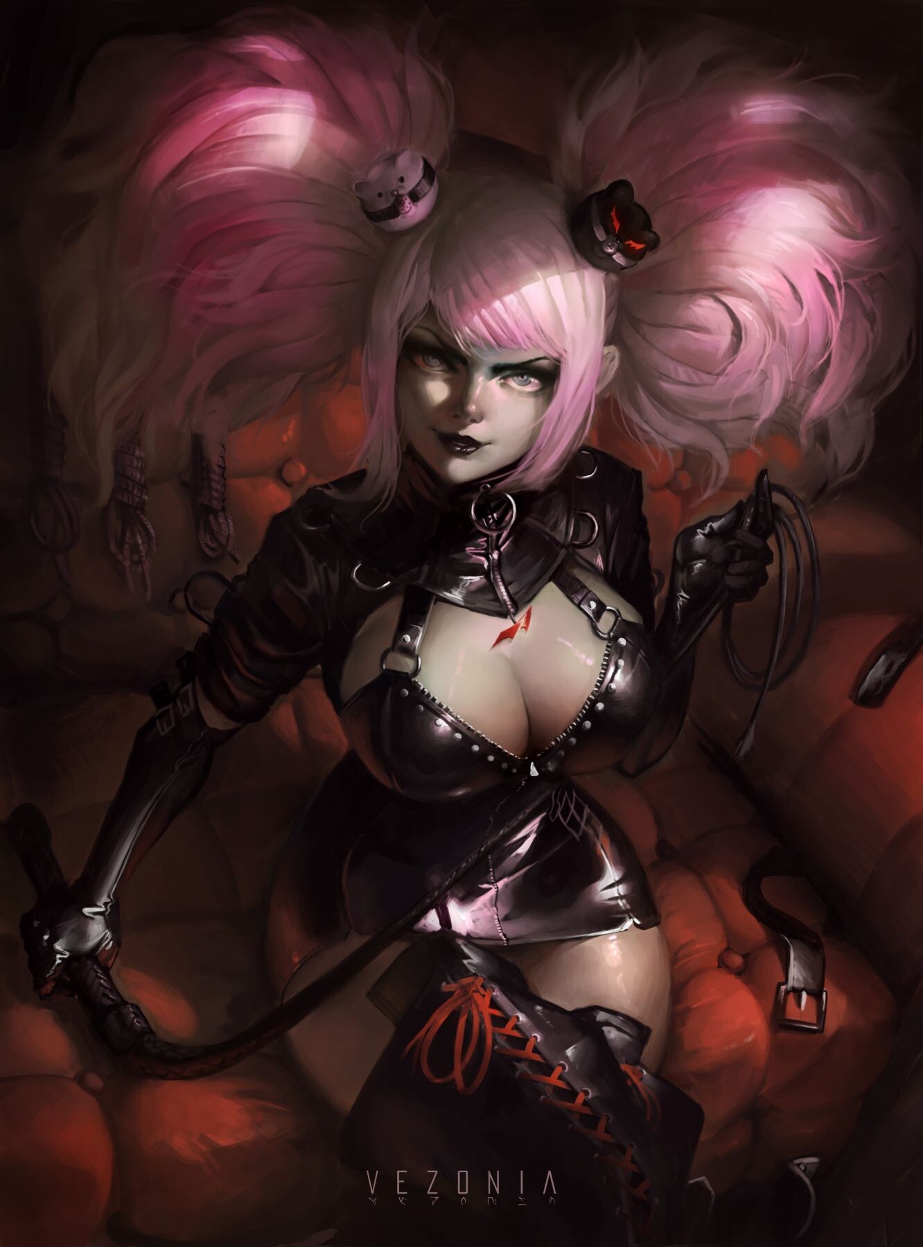 General 1332x1800 women artwork ArtStation pink hair boobs big boobs whips looking at viewer sitting leather latex twintails dress black dress grey skin couch black lipstick cleavage leather dress belt Vezonia Lithium