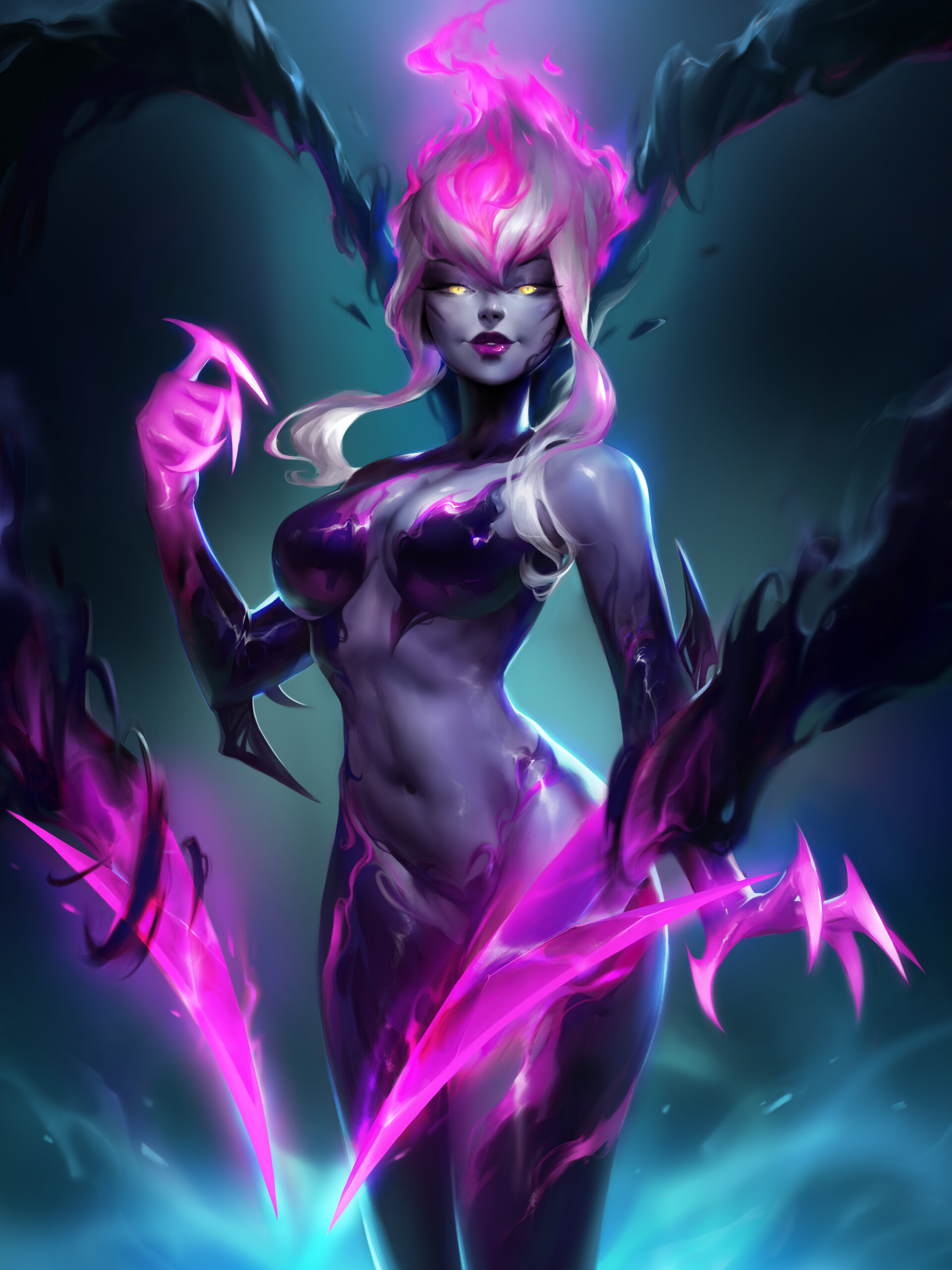 General 1920x2560 Darya Kozhemyakina claws belly boobs looking at viewer women portrait display cleavage digital painting white hair pink hair video game girls video game characters fan art fictional character abs thighs League of Legends Evelynn (League of Legends) yellow eyes belly button artwork video games ArtStation