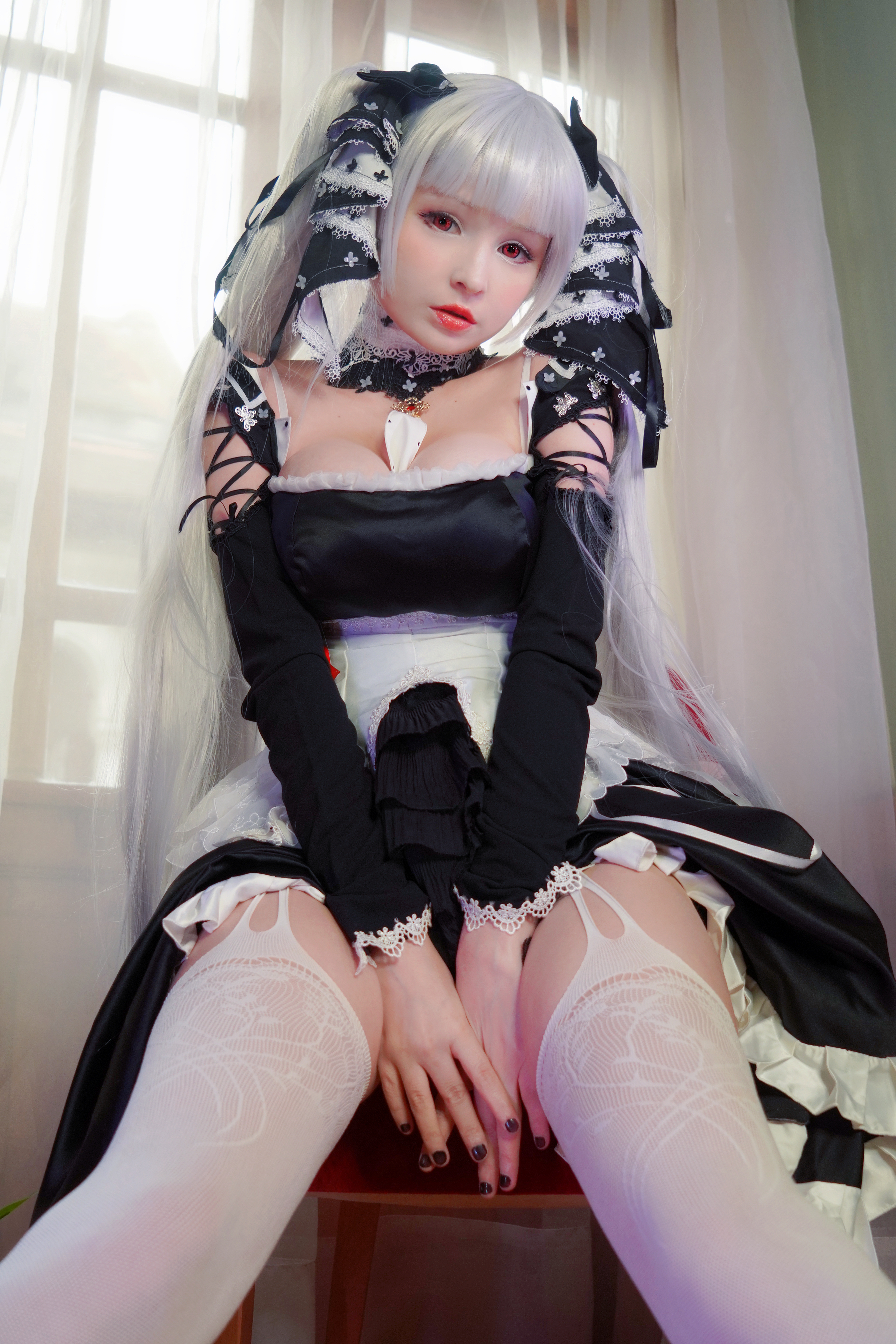 People 2688x4032 Hidori Rose women model cosplay Formidable (Azur Lane) Azur Lane video games video game girls dress looking at viewer parted lips red eyes cleavage lingerie stockings white stockings garter straps sitting portrait display indoors women indoors maid outfit thighs lifting dress