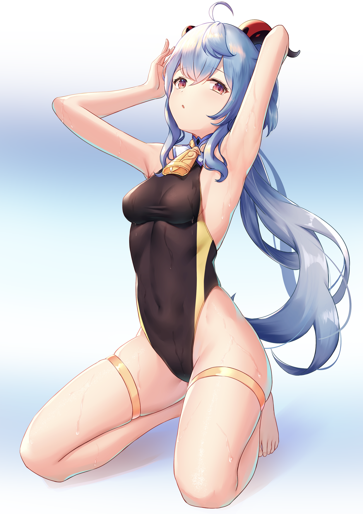 Anime 1240x1754 anime girls Genshin Impact Ganyu (Genshin Impact) blue hair Airool horns kneeling one-piece swimsuit wet